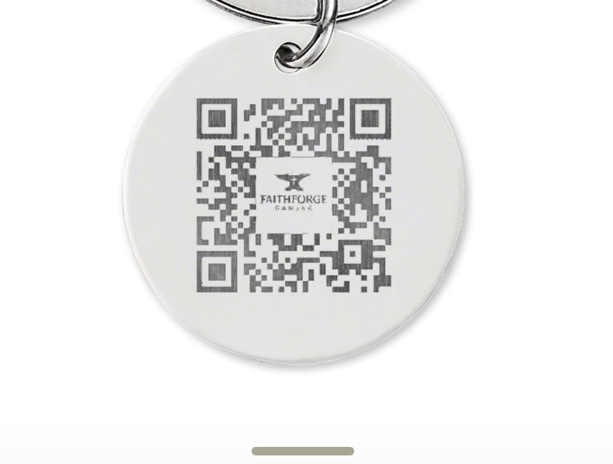 Engraved Stainless Steel Round Keychain – FaithForge Gaming Logo & QR Code
