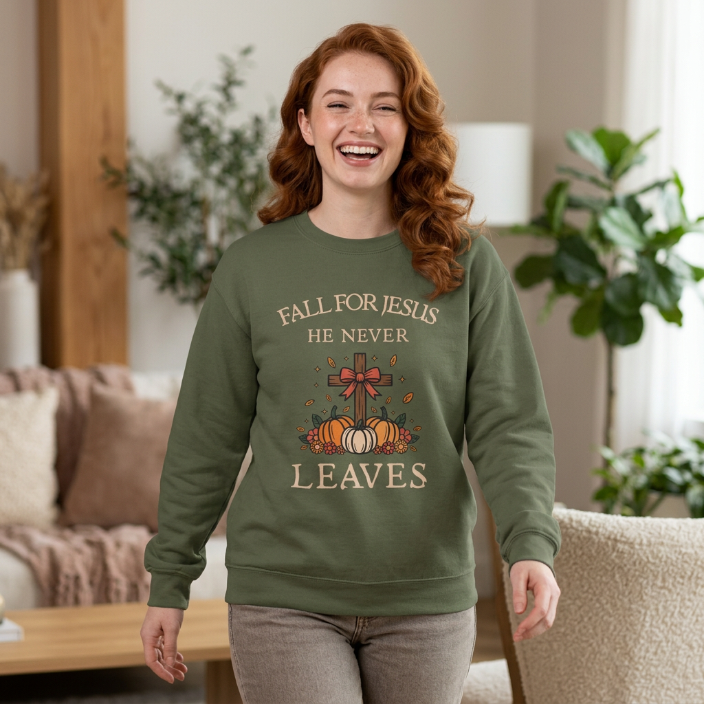 Christian Fall Sweatshirt — "Fall for Jesus He Never Leaves" Crewneck
