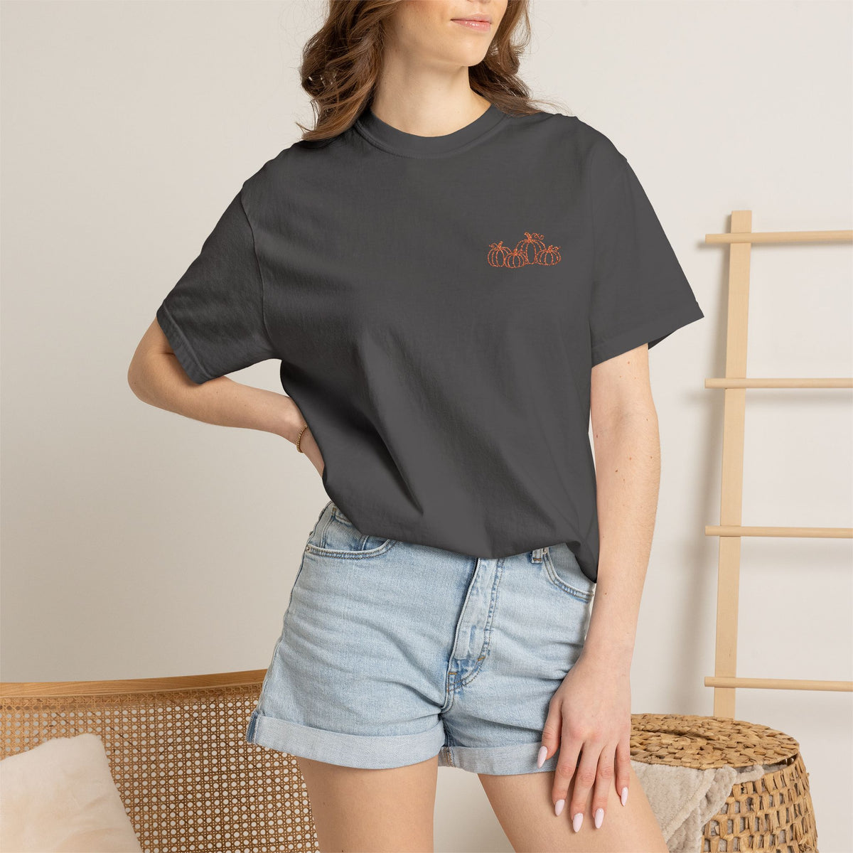 CutePocket Tee — Small Chest  pumpkin embroidered T-Shirt