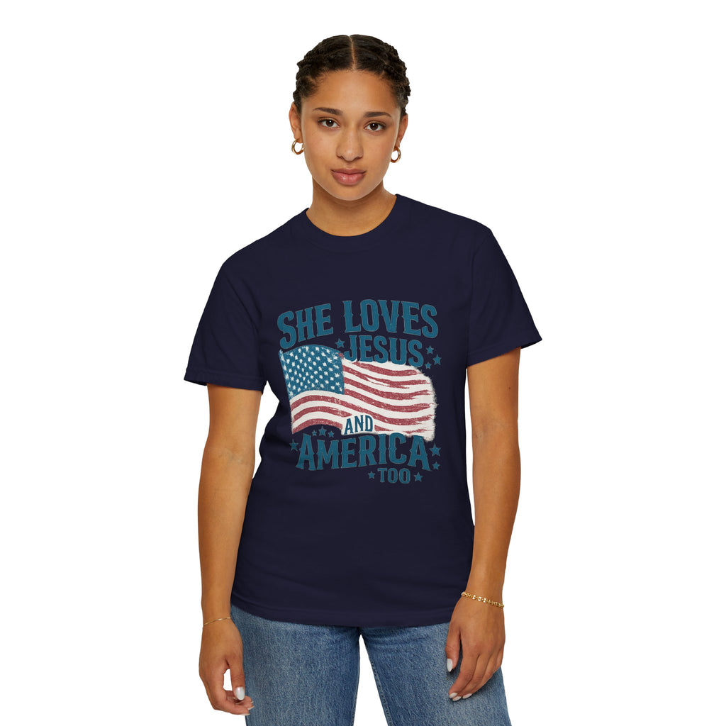 She Loves Jesus and America T-Shirt — Patriotic Christian Flag Tee