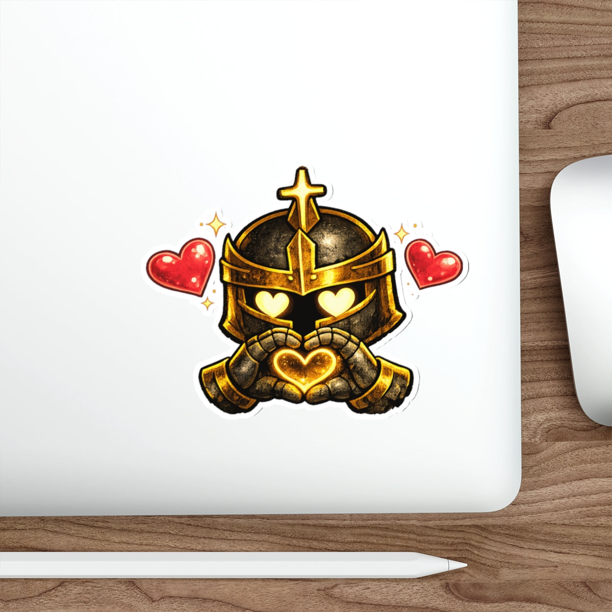 Knight Heart Die-Cut Sticker — Cute Armored Knight with Heart Hands
