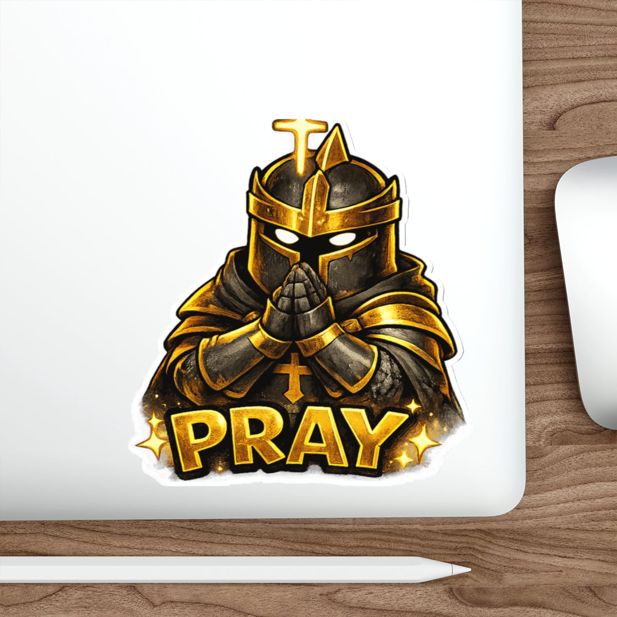 FaithForge Knight Pray Die-Cut Sticker — Water-resistant vinyl