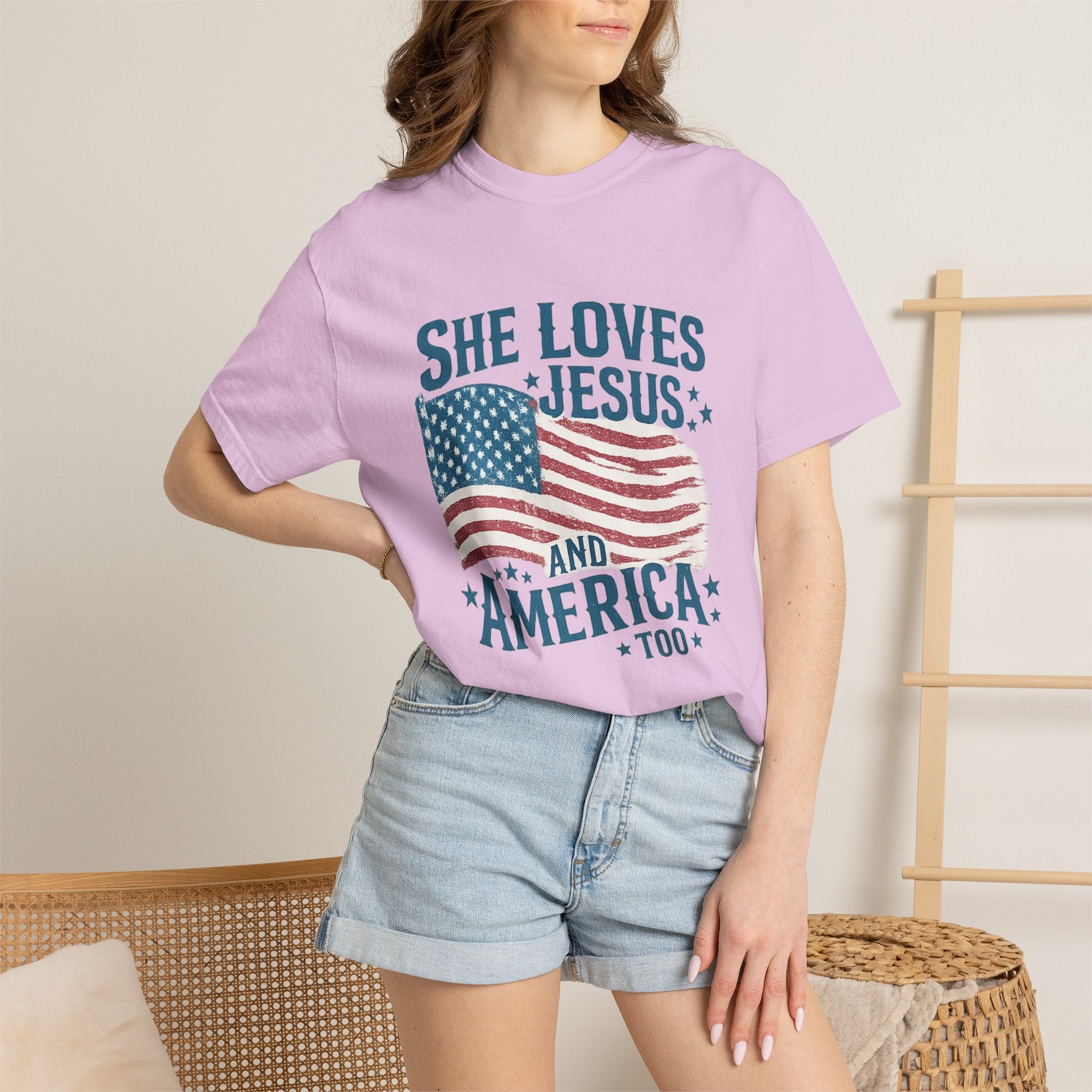 She Loves Jesus and America T-Shirt — Patriotic Christian Flag Tee