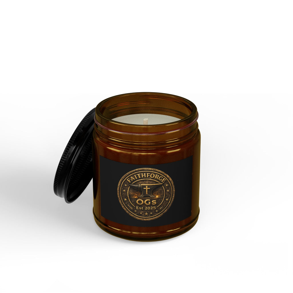 FaithForge Gaming Scented Soy Candle — Amber Jar with Black Lid (4oz & 9oz)