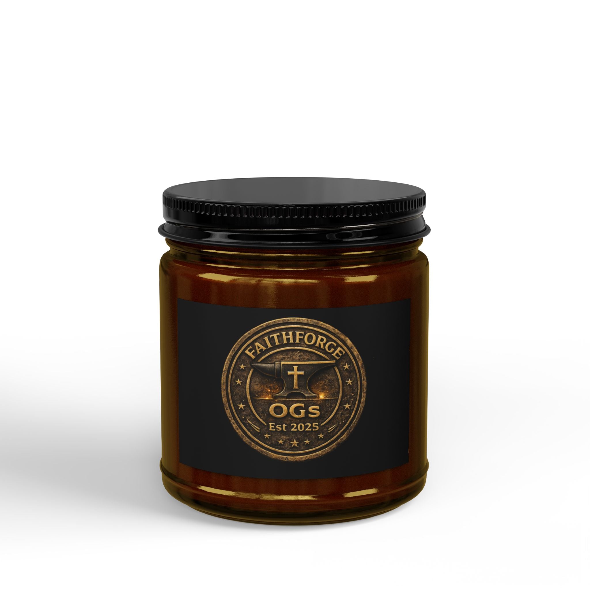 FaithForge Gaming Scented Soy Candle — Amber Jar with Black Lid (4oz & 9oz)