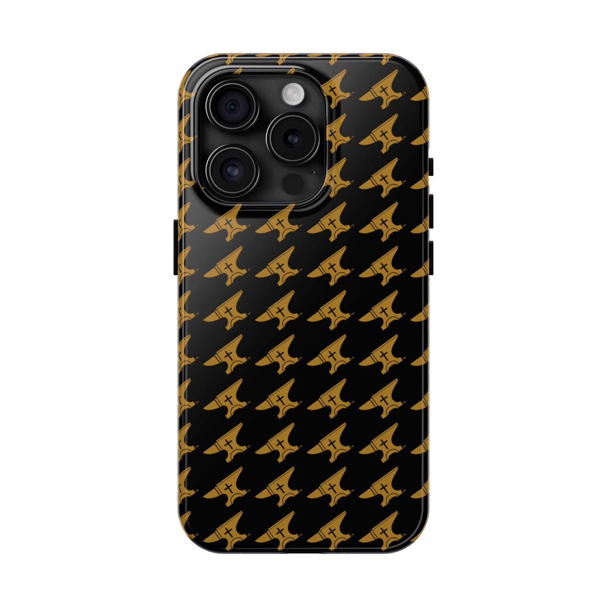 Gold Anvil Pattern Tough Phone Case — Durable Black & Metallic Repeat Design