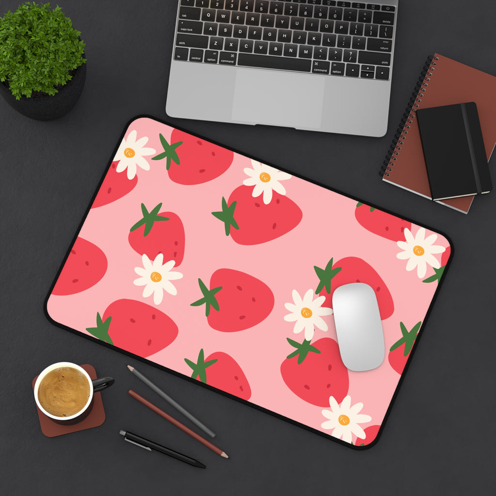 Strawberry Daisy Desk Mat — Cute Pink Floral Mouse Pad
