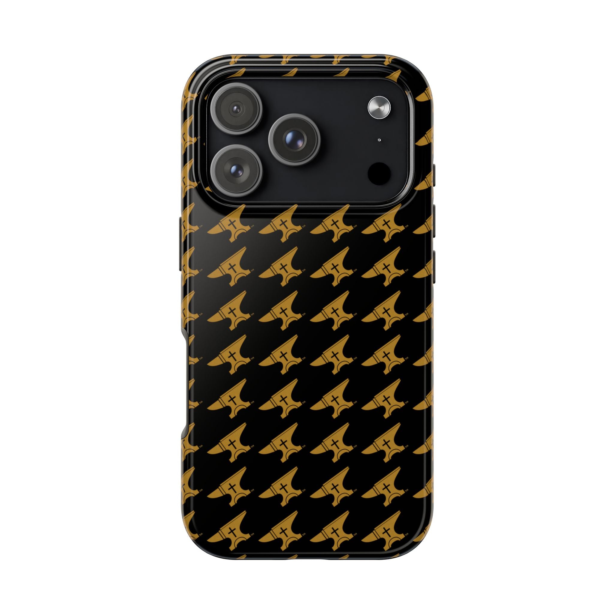 Gold Anvil Pattern Tough Phone Case — Durable Black & Metallic Repeat Design