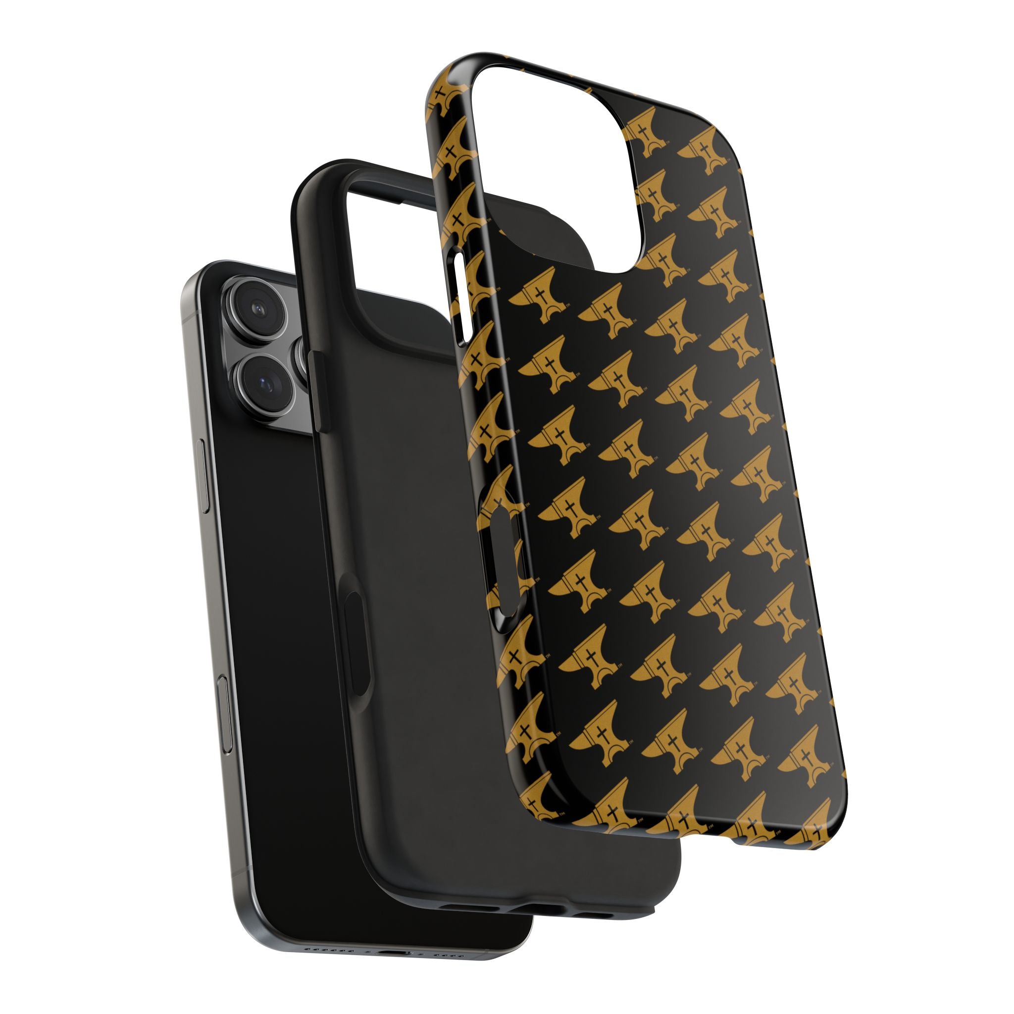 Gold Anvil Pattern Tough Phone Case — Durable Black & Metallic Repeat Design
