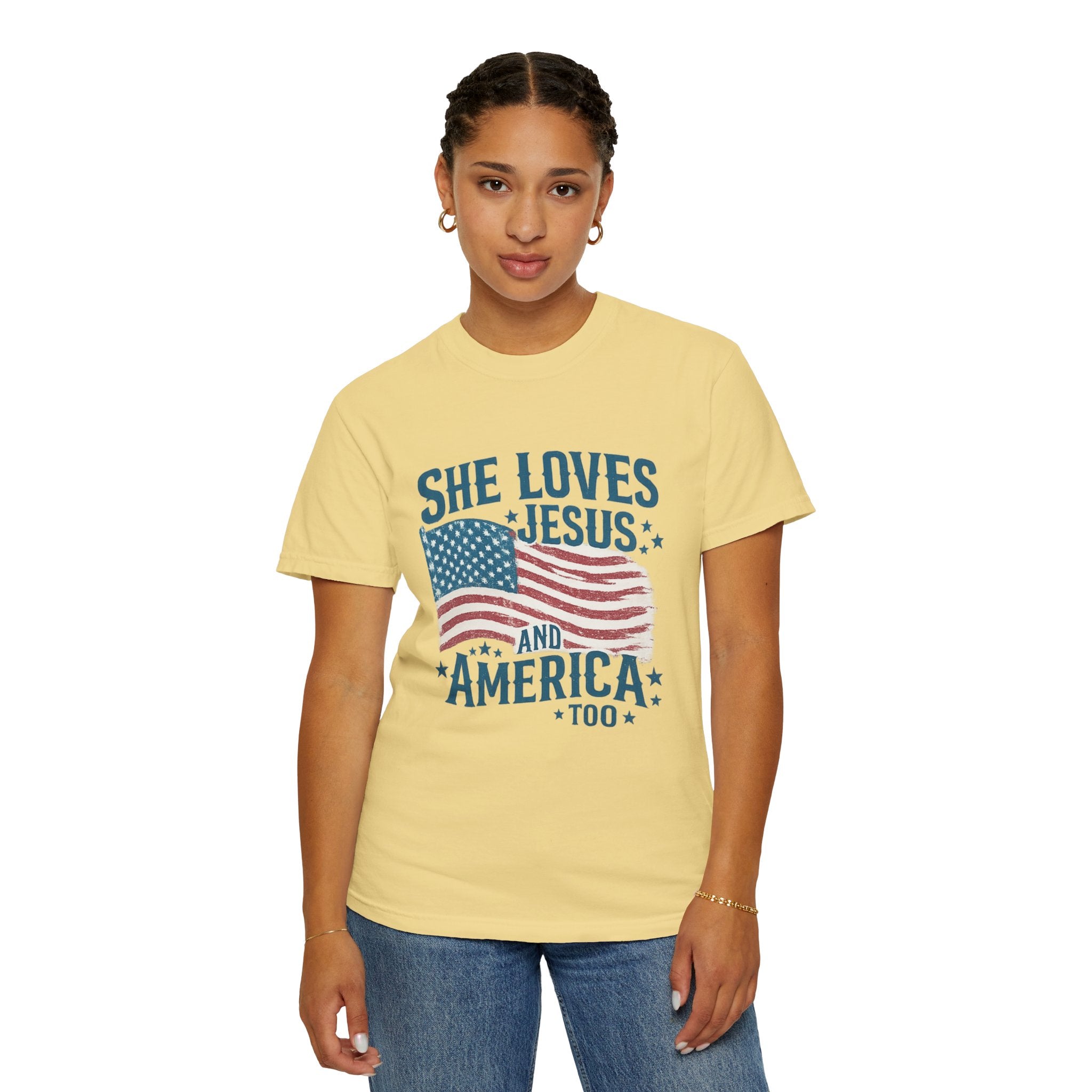 She Loves Jesus and America T-Shirt — Patriotic Christian Flag Tee