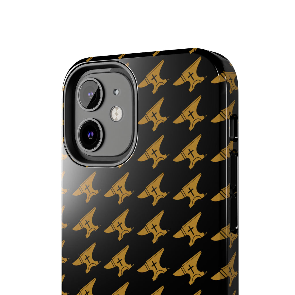 Gold Anvil Pattern Tough Phone Case — Durable Black & Metallic Repeat Design