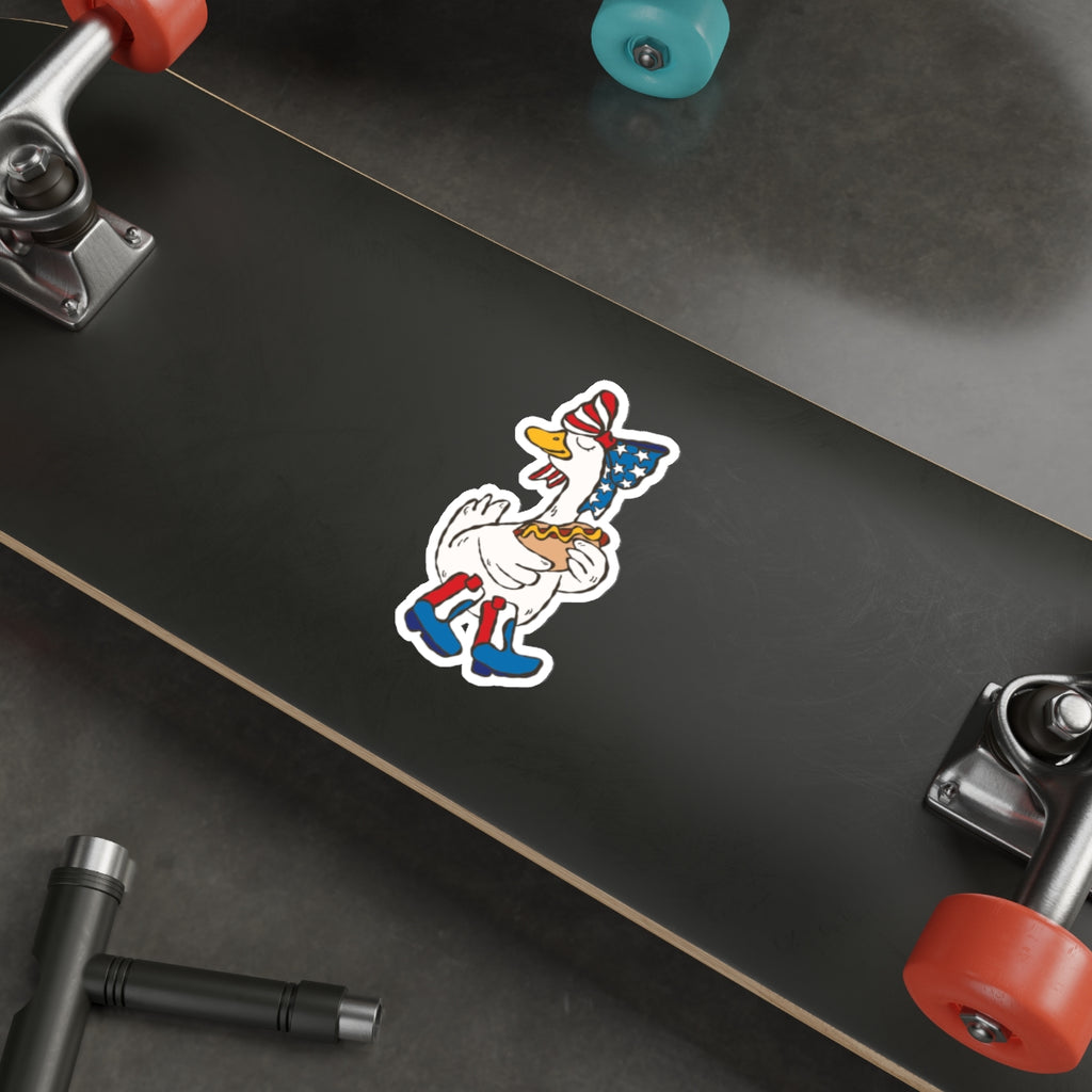Patriotic Duck Die-Cut Sticker – American Flag Bandana & Hot Dog
