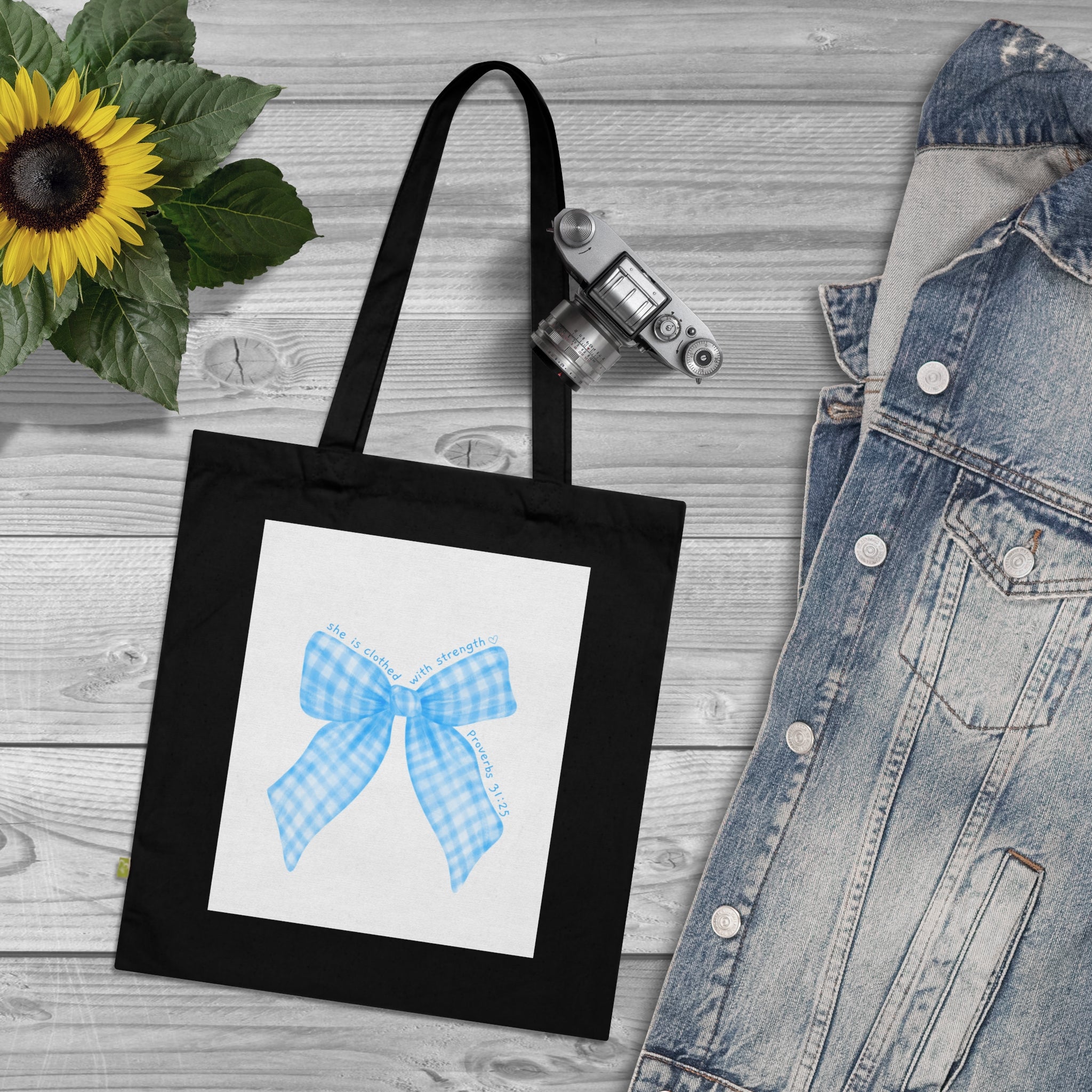 Blue Gingham Bow Tote Bag – Organic Cotton Reusable Shopper