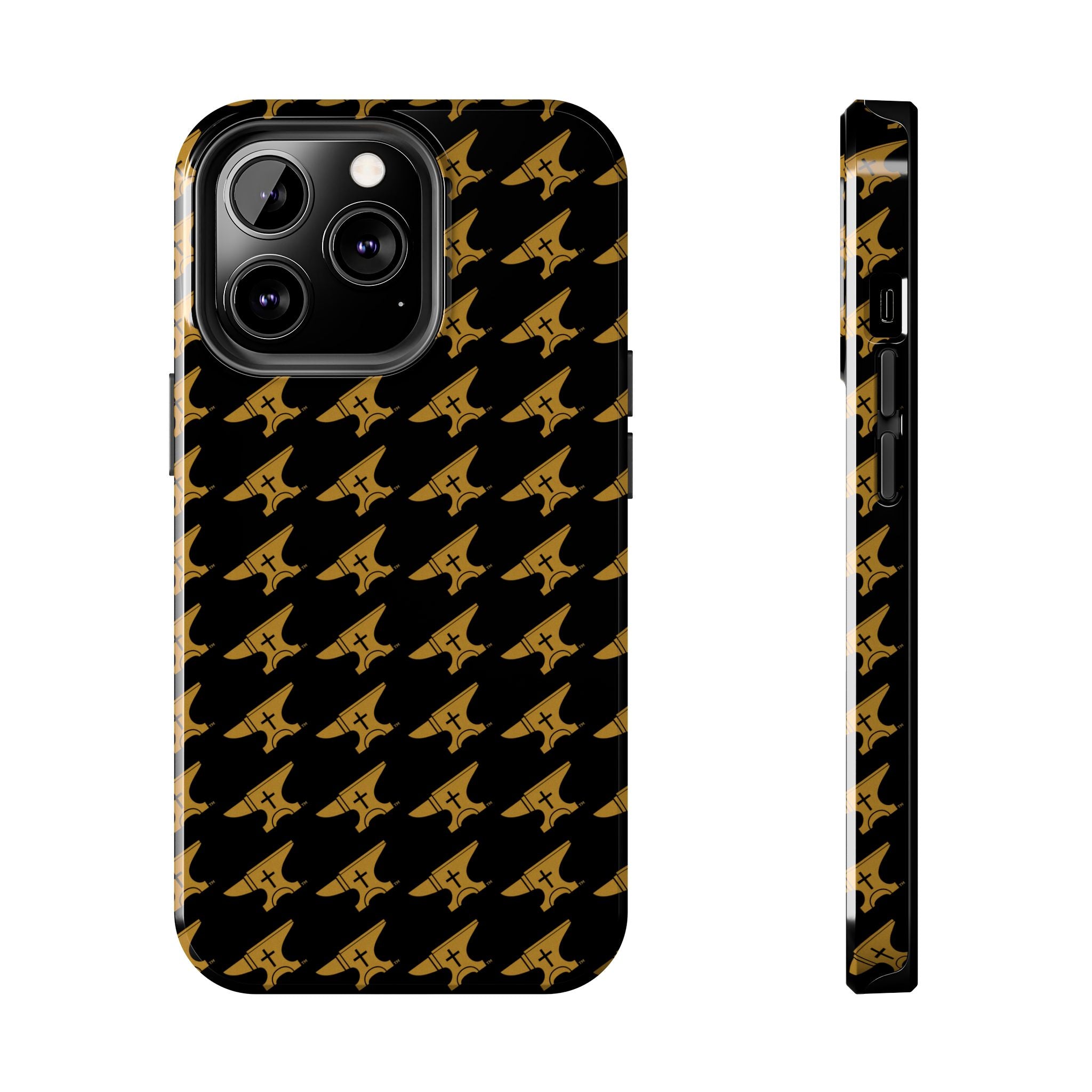 Gold Anvil Pattern Tough Phone Case — Durable Black & Metallic Repeat Design