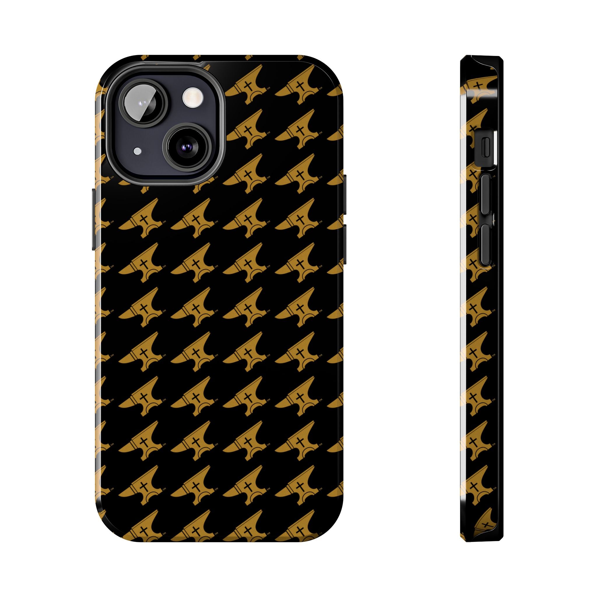 Gold Anvil Pattern Tough Phone Case — Durable Black & Metallic Repeat Design