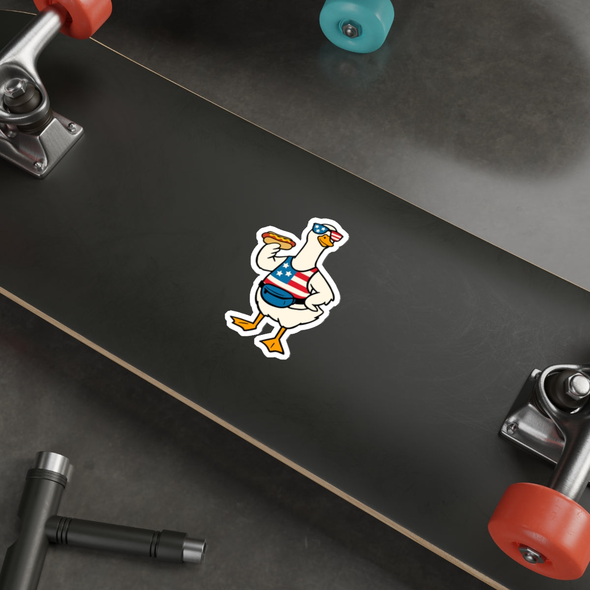 Patriotic Goose Sticker — American Flag Tank, Fanny Pack & Hot Dog Die-Cut Sticker