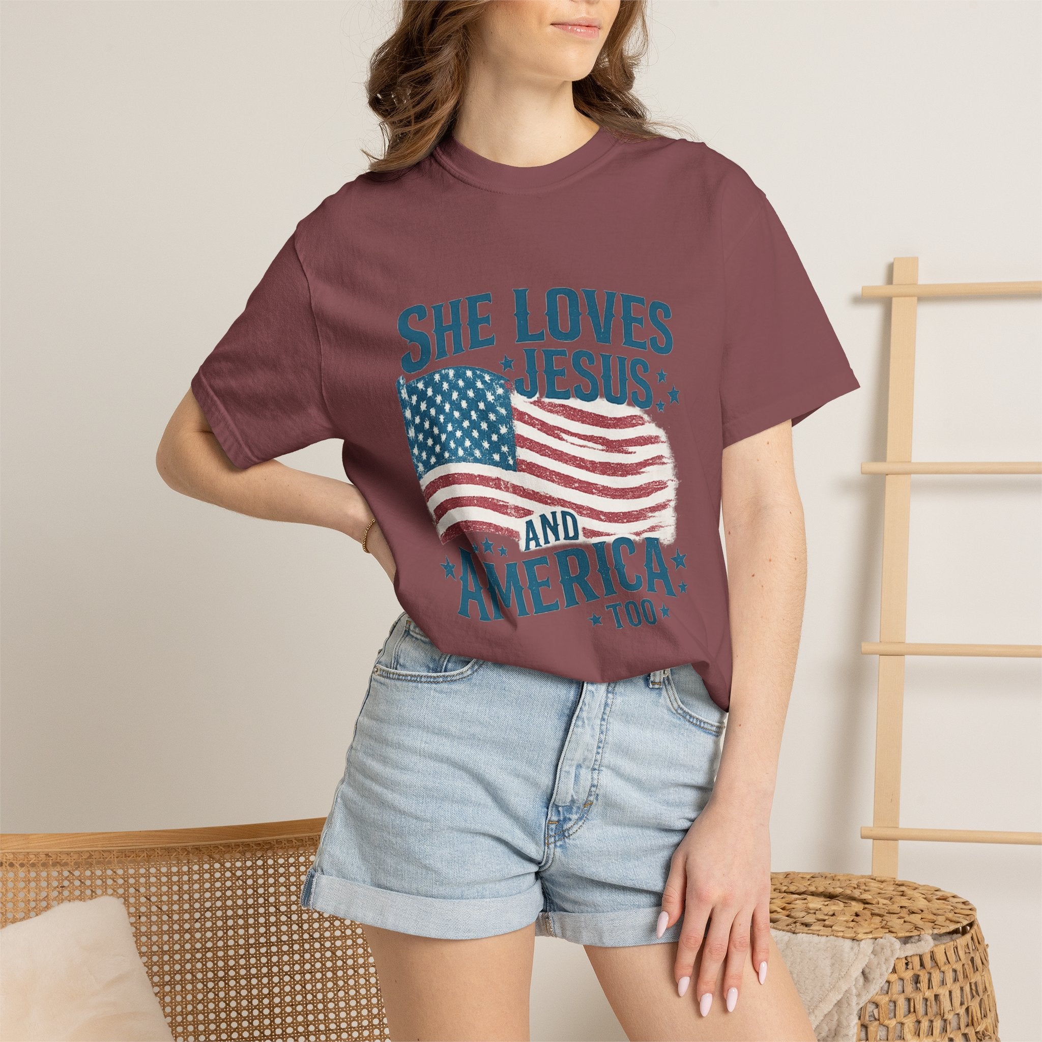 She Loves Jesus and America T-Shirt — Patriotic Christian Flag Tee