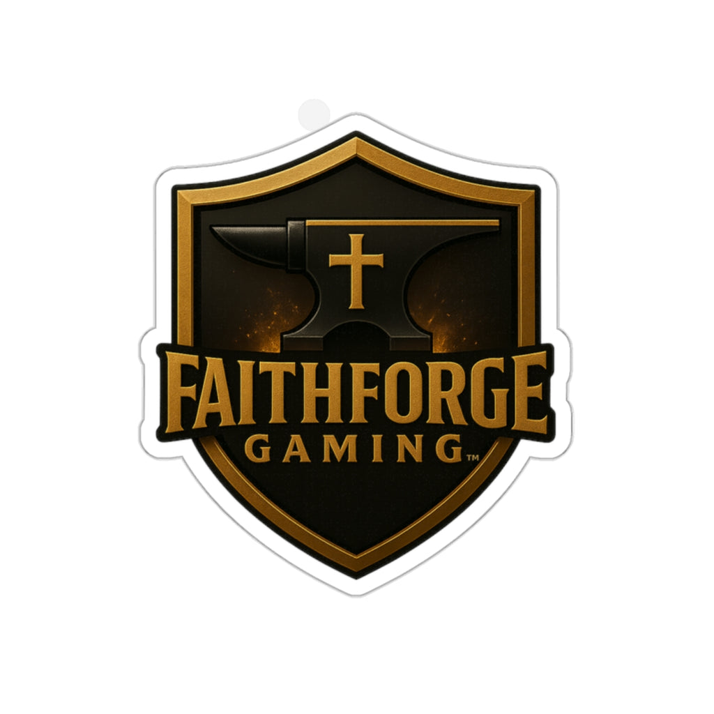 Indoor Faithforge Gaming Shield Die-Cut Sticker — Anvil & Cross Shield Logo