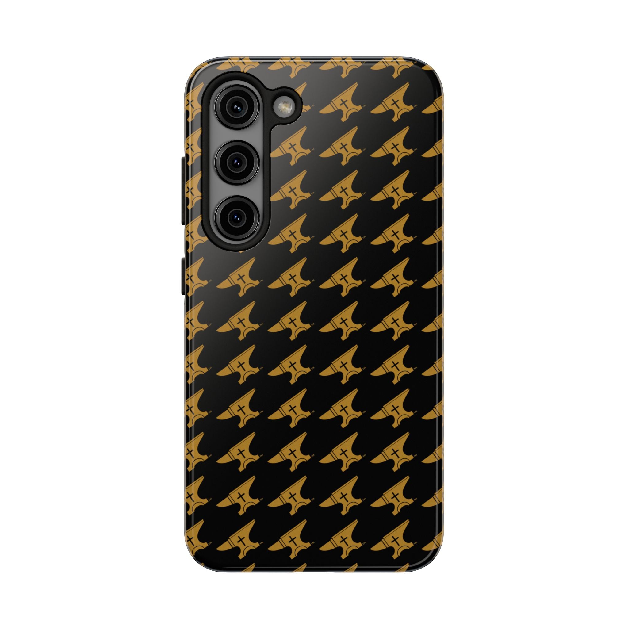 Gold Anvil Pattern Tough Phone Case — Durable Black & Metallic Repeat Design
