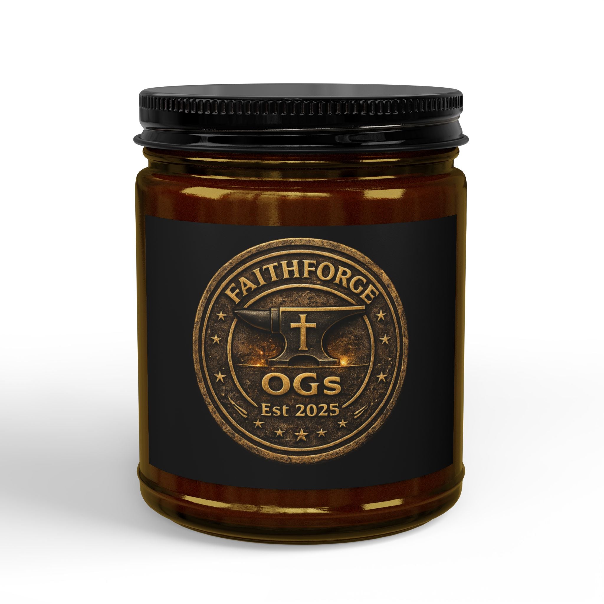 FaithForge Gaming Scented Soy Candle — Amber Jar with Black Lid (4oz & 9oz)