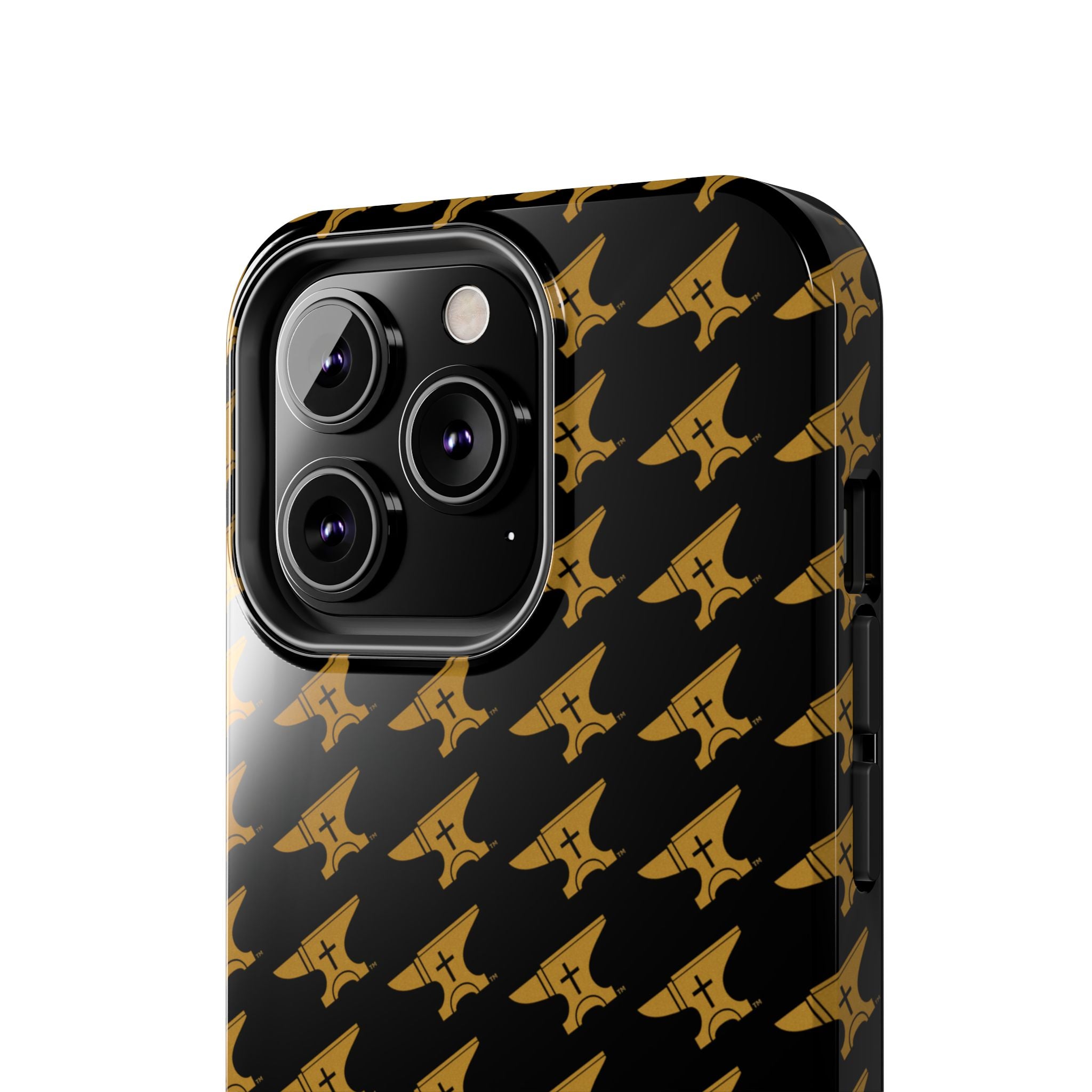 Gold Anvil Pattern Tough Phone Case — Durable Black & Metallic Repeat Design