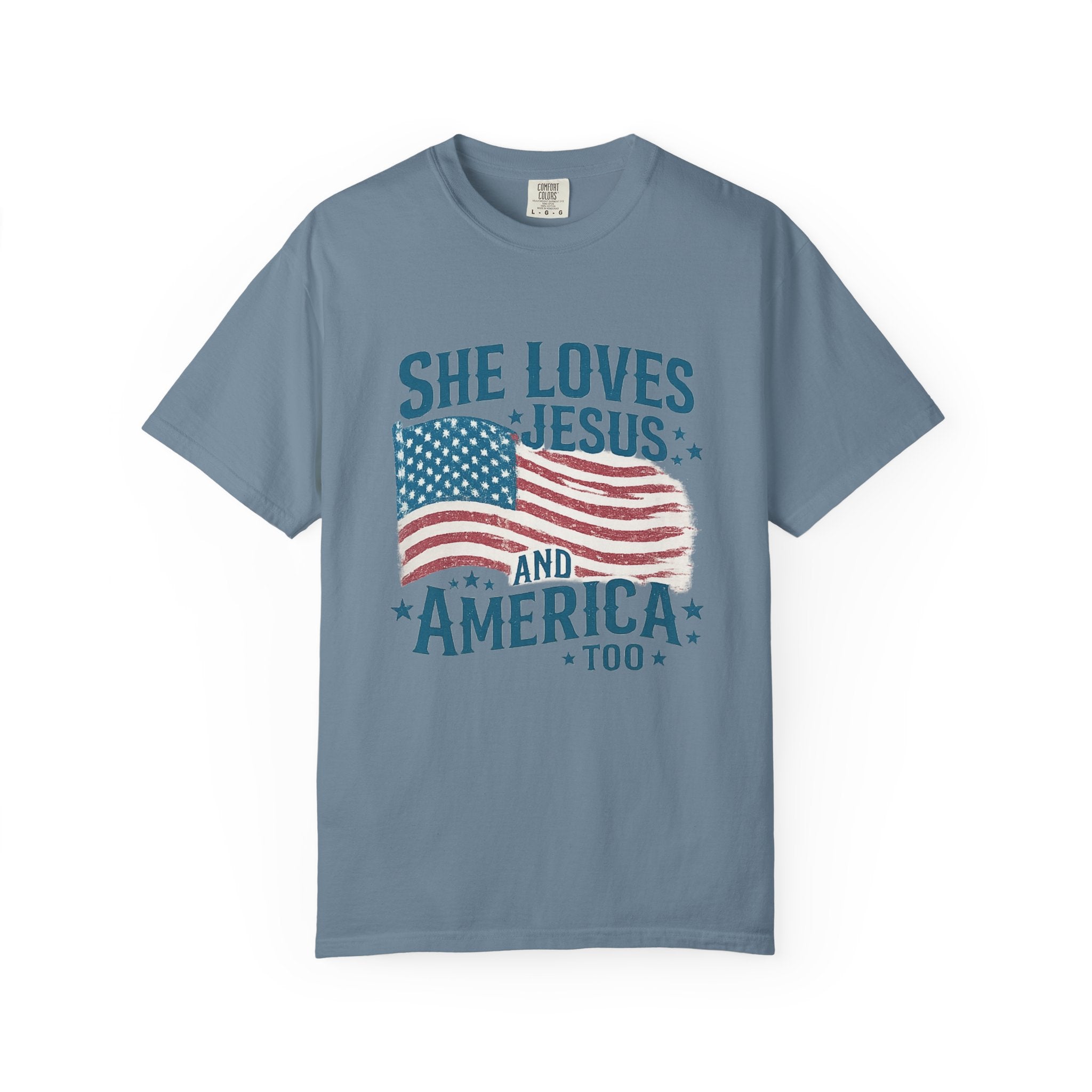 She Loves Jesus and America T-Shirt — Patriotic Christian Flag Tee