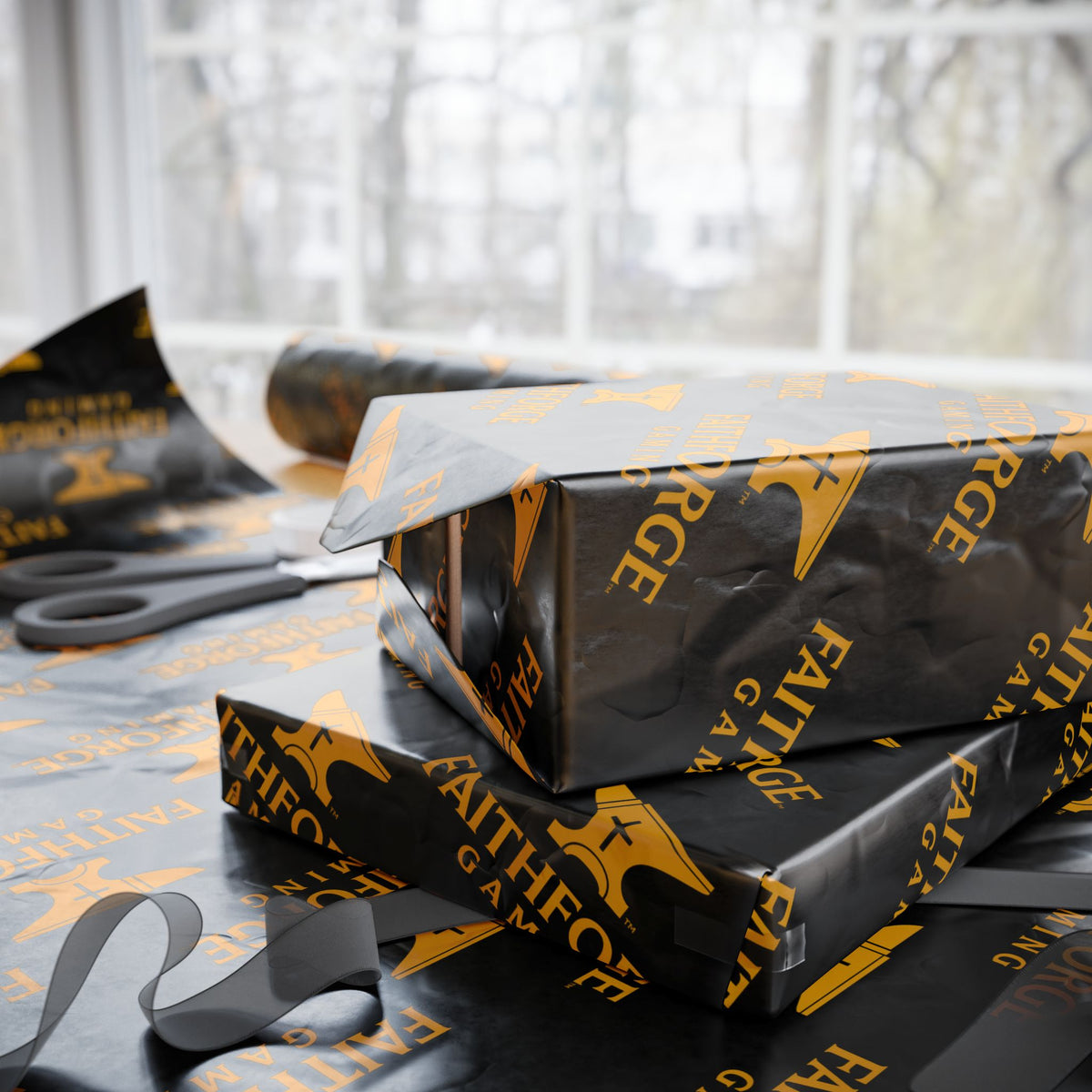 FFG Logo Wrapping Paper – Black & Gold "Faithforge Gaming" Design