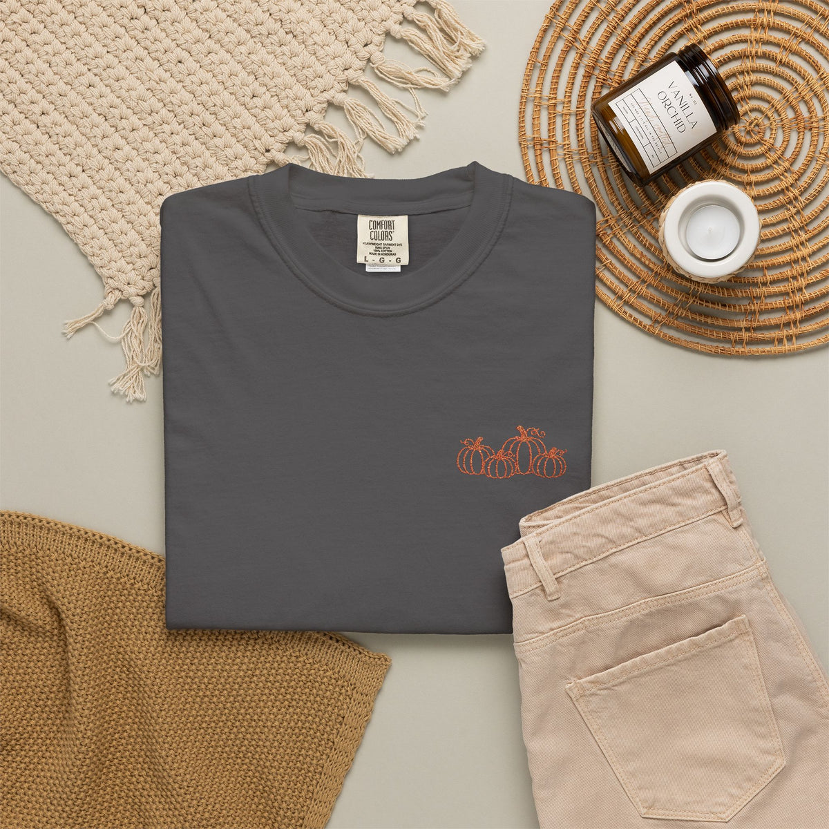 CutePocket Tee — Small Chest  pumpkin embroidered T-Shirt