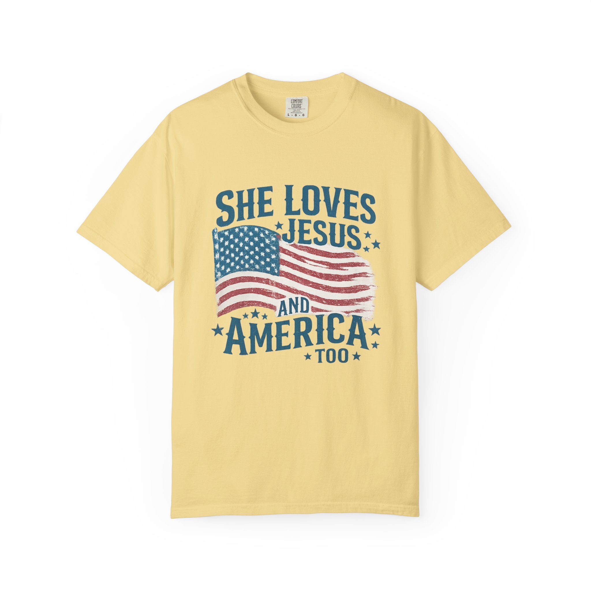 She Loves Jesus and America T-Shirt — Patriotic Christian Flag Tee