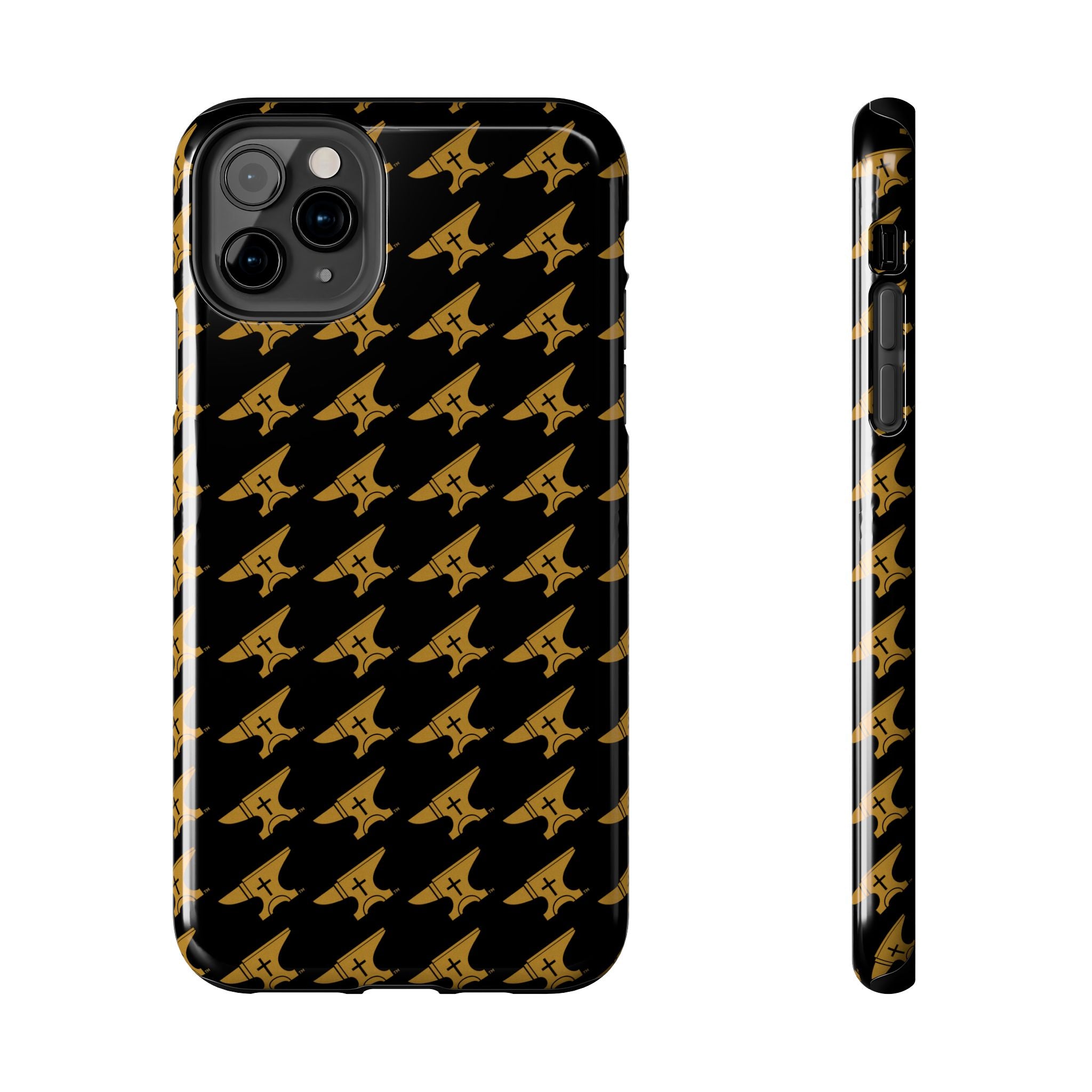 Gold Anvil Pattern Tough Phone Case — Durable Black & Metallic Repeat Design
