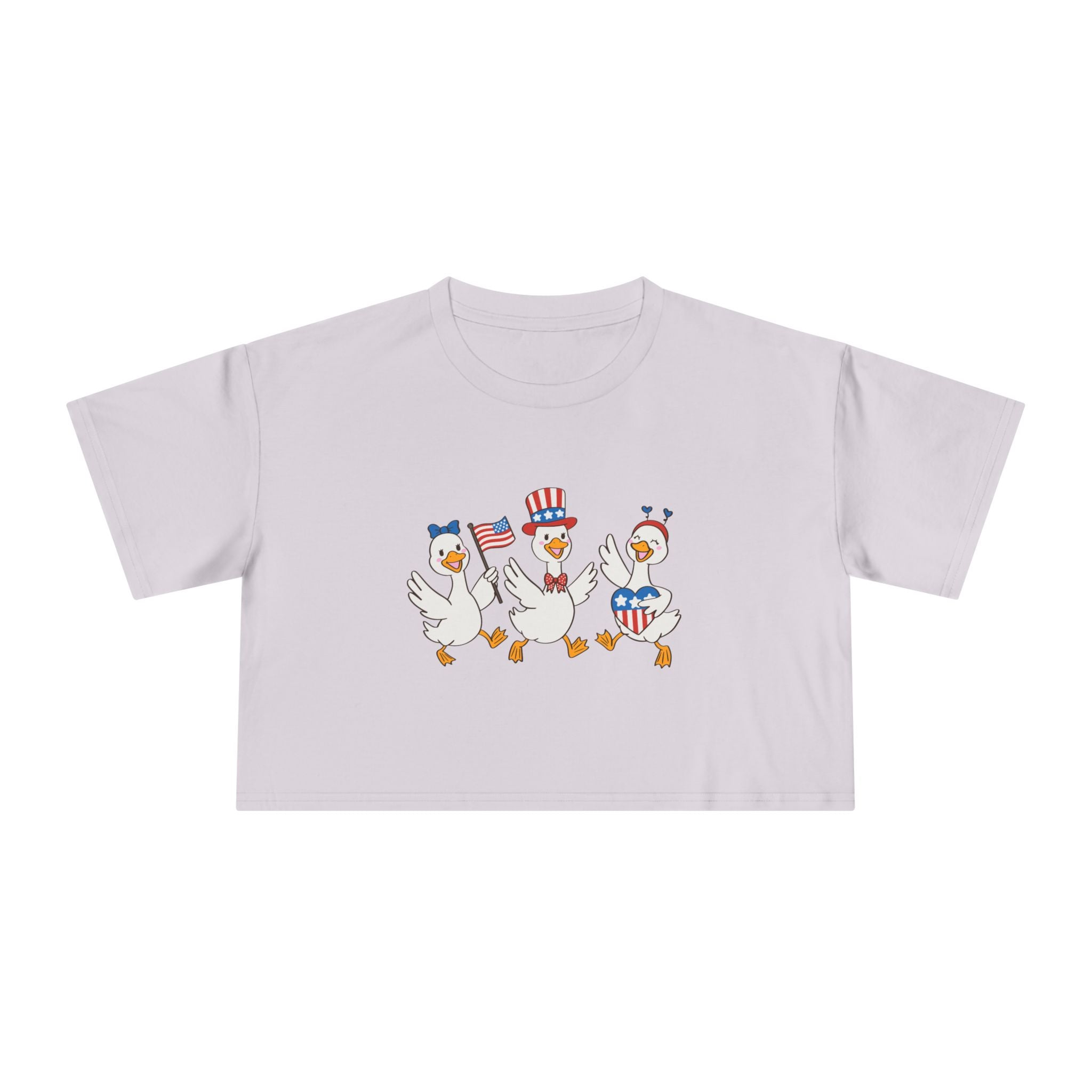 Patriotic Dancing Ducks Women's Crop Tee — 4th of July Cute Flag Design