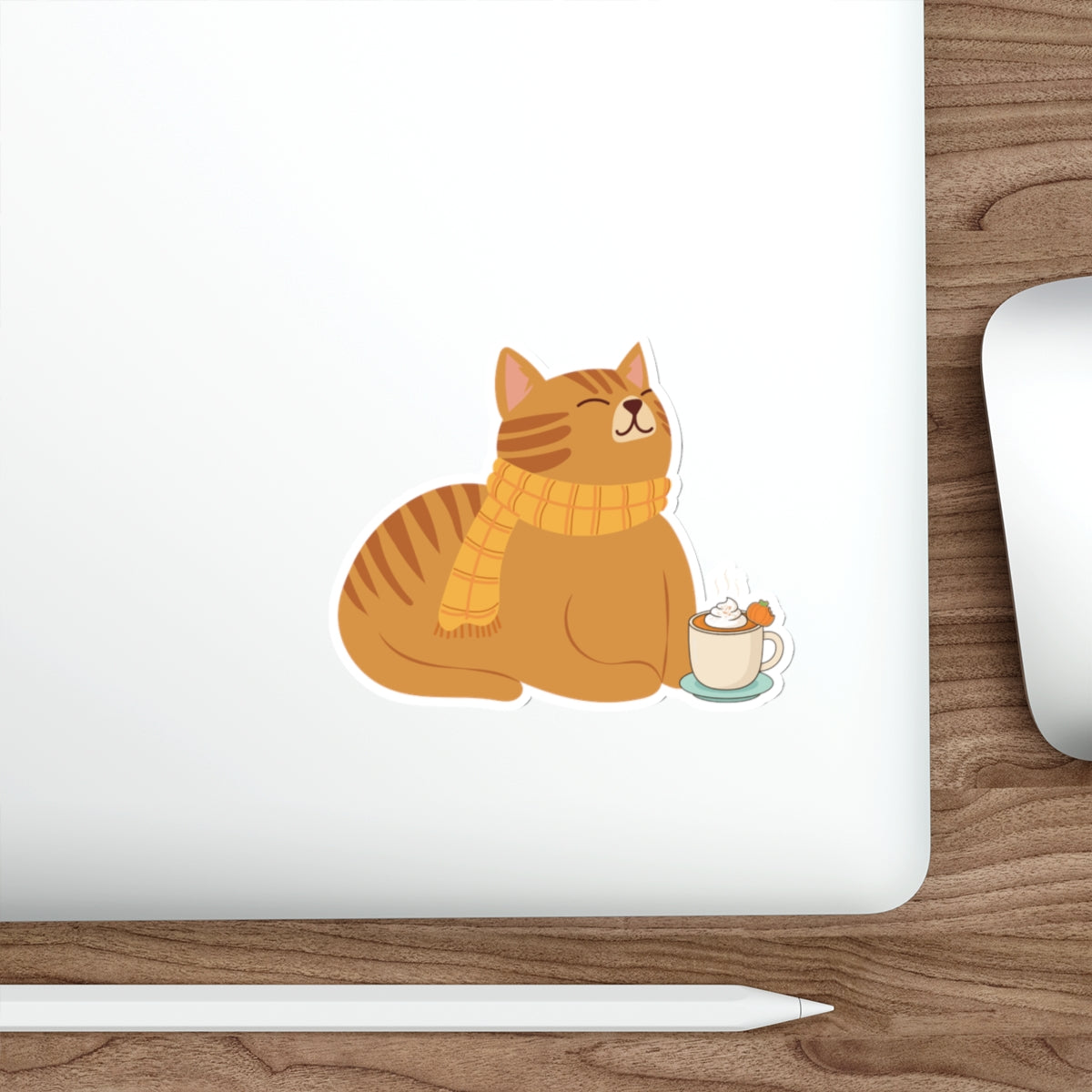 Cozy Cat Die-Cut Sticker — Orange Cat with Scarf & Hot Cocoa