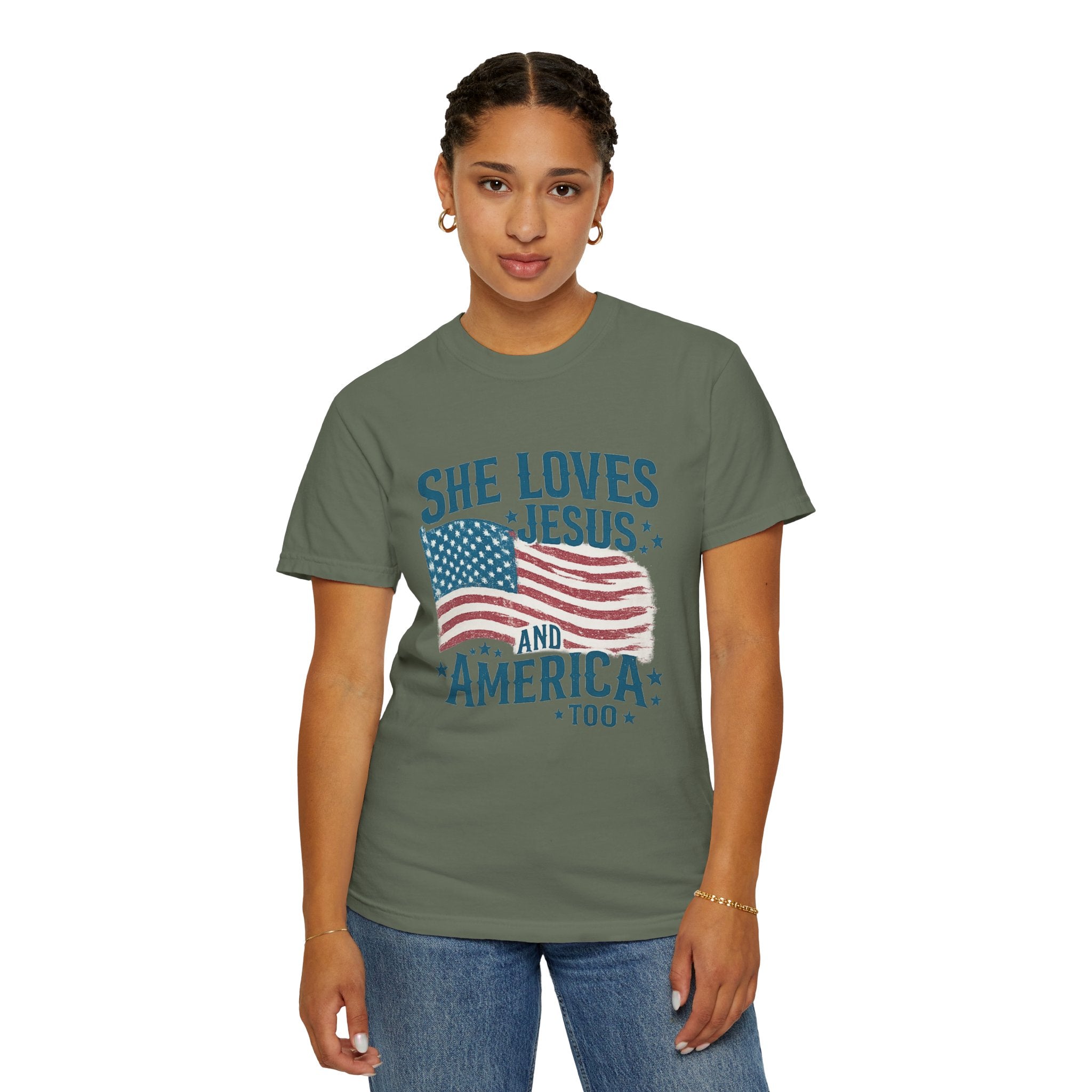 She Loves Jesus and America T-Shirt — Patriotic Christian Flag Tee