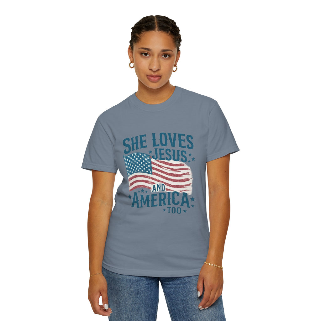 She Loves Jesus and America T-Shirt — Patriotic Christian Flag Tee