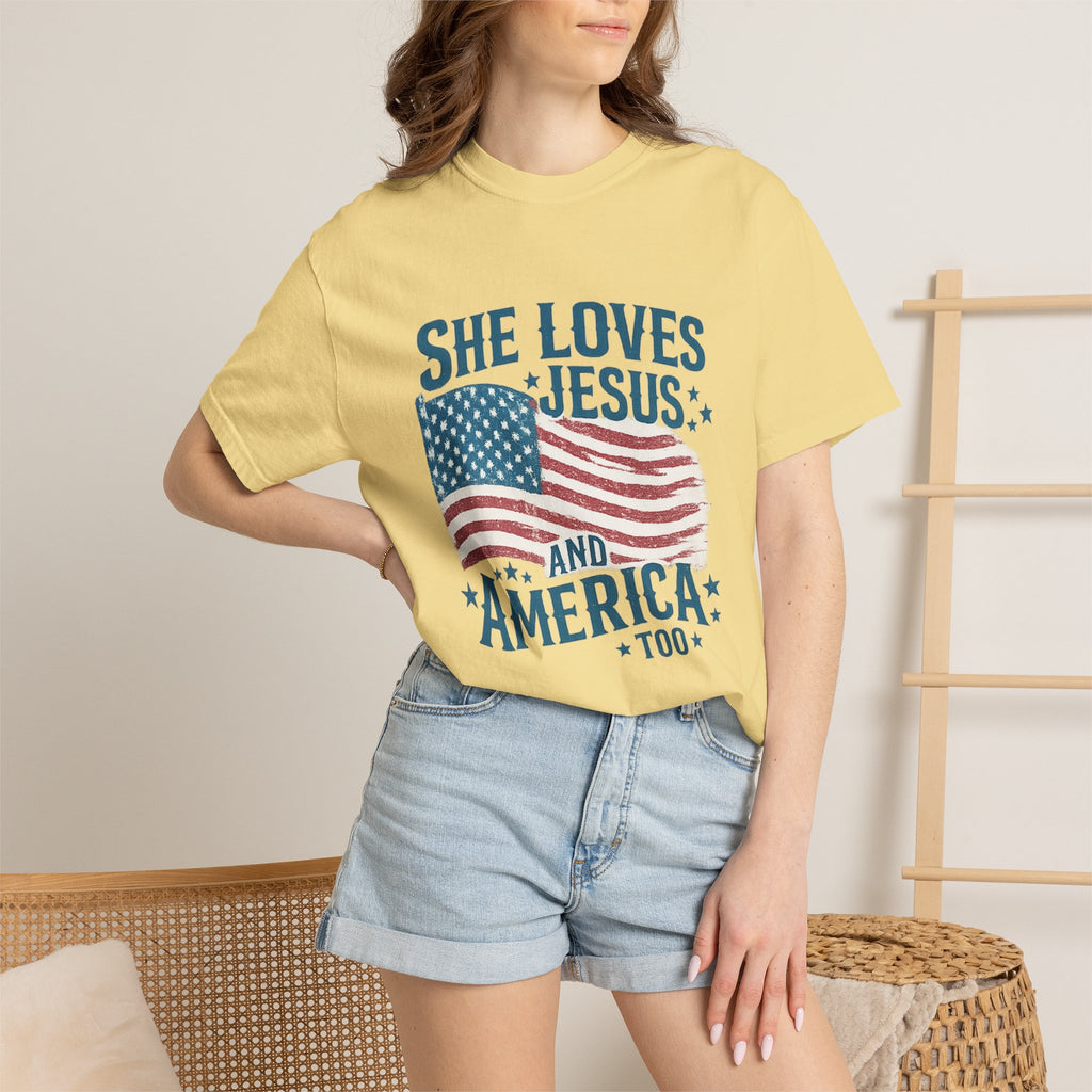 She Loves Jesus and America T-Shirt — Patriotic Christian Flag Tee