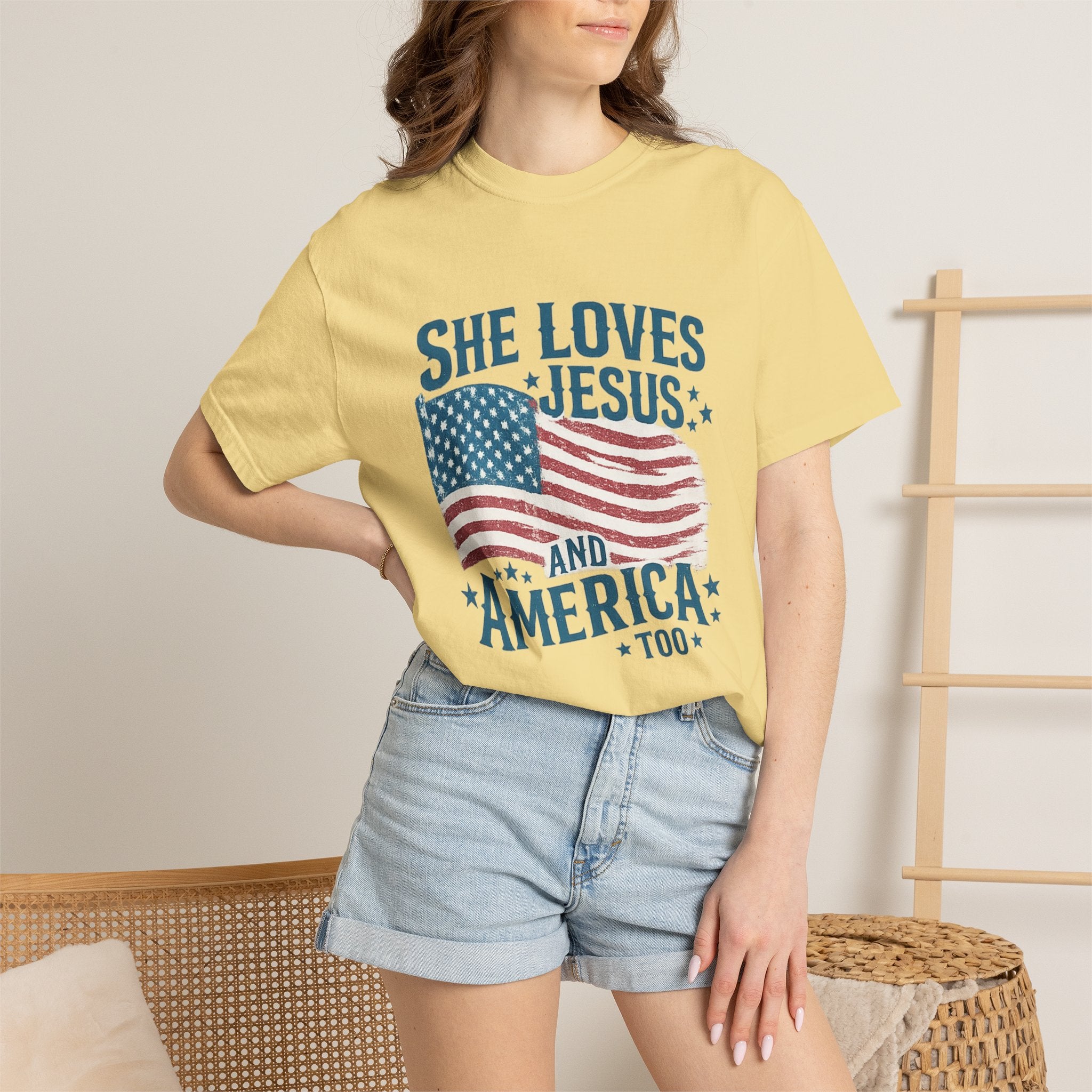 She Loves Jesus and America T-Shirt — Patriotic Christian Flag Tee