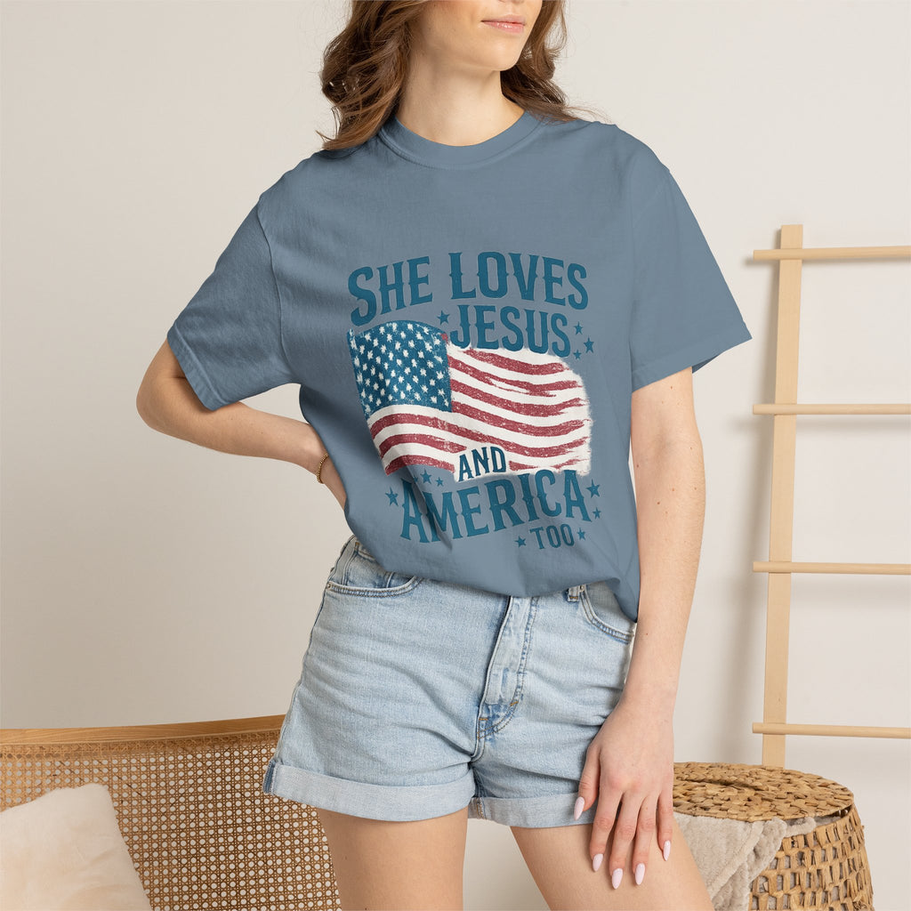 She Loves Jesus and America T-Shirt — Patriotic Christian Flag Tee