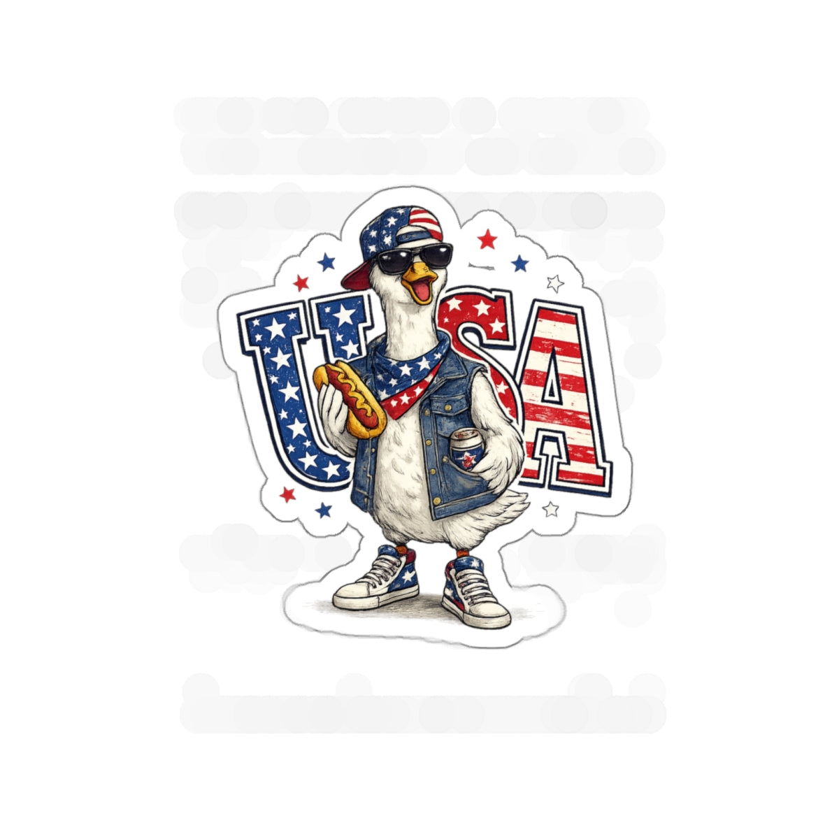 Patriotic GooseUSA Die-Cut Sticker — Funny American Flag Goose with Sunglasses & Hot Dog