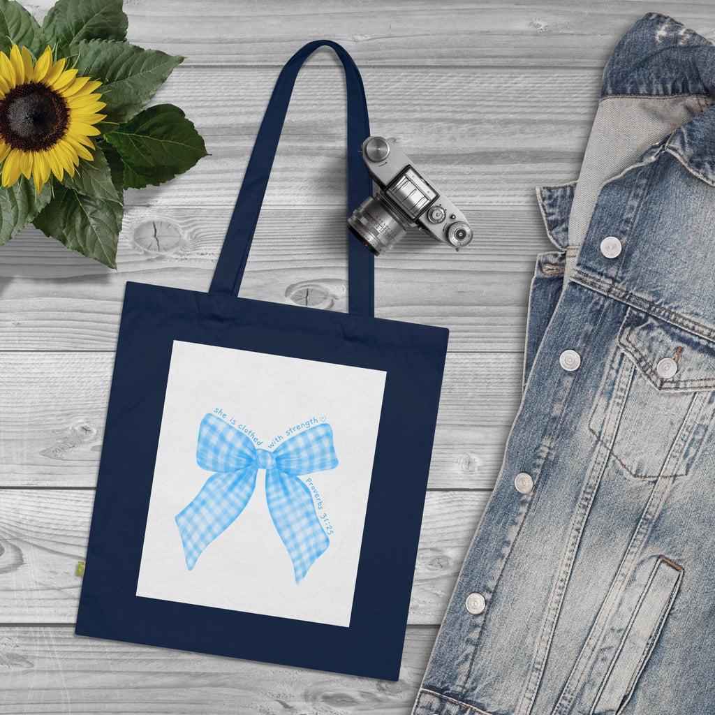 Blue Gingham Bow Tote Bag – Organic Cotton Reusable Shopper