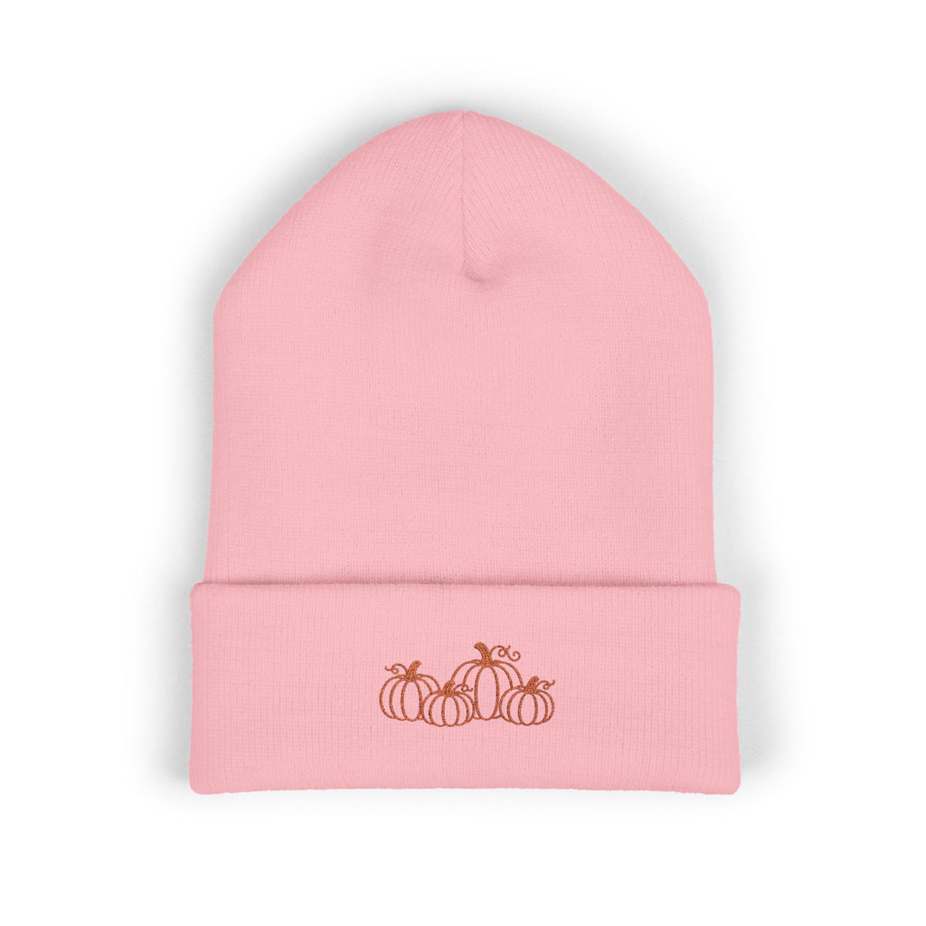 Embroidered Pumpkin Cuffed Beanie — Fall Autumn Knit Hat