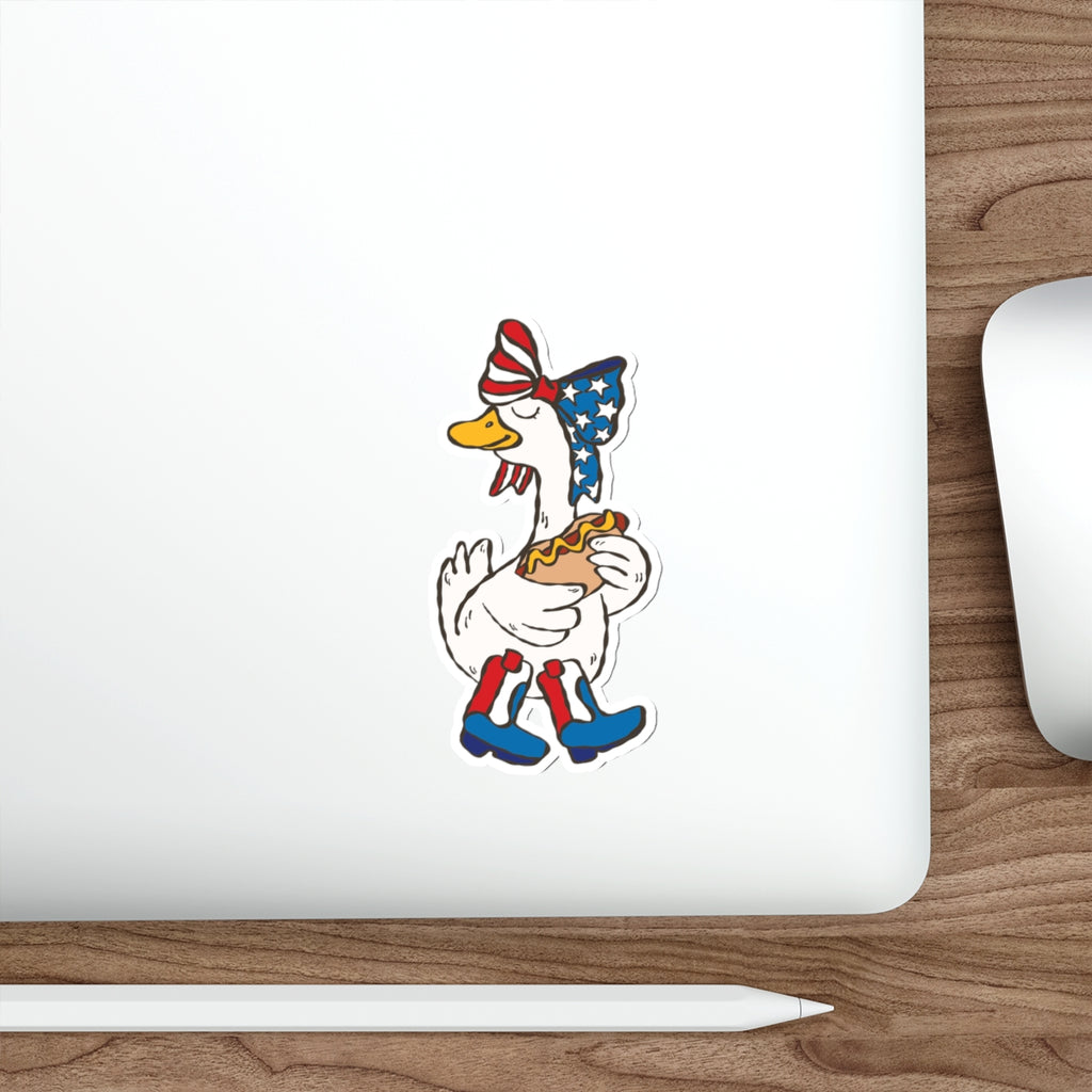Patriotic Duck Die-Cut Sticker – American Flag Bandana & Hot Dog