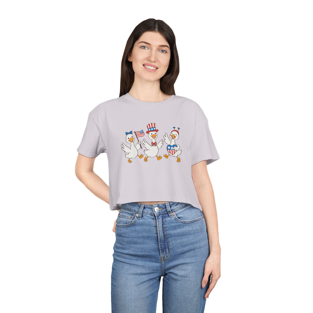Patriotic Dancing Ducks Women's Crop Tee — 4th of July Cute Flag Design