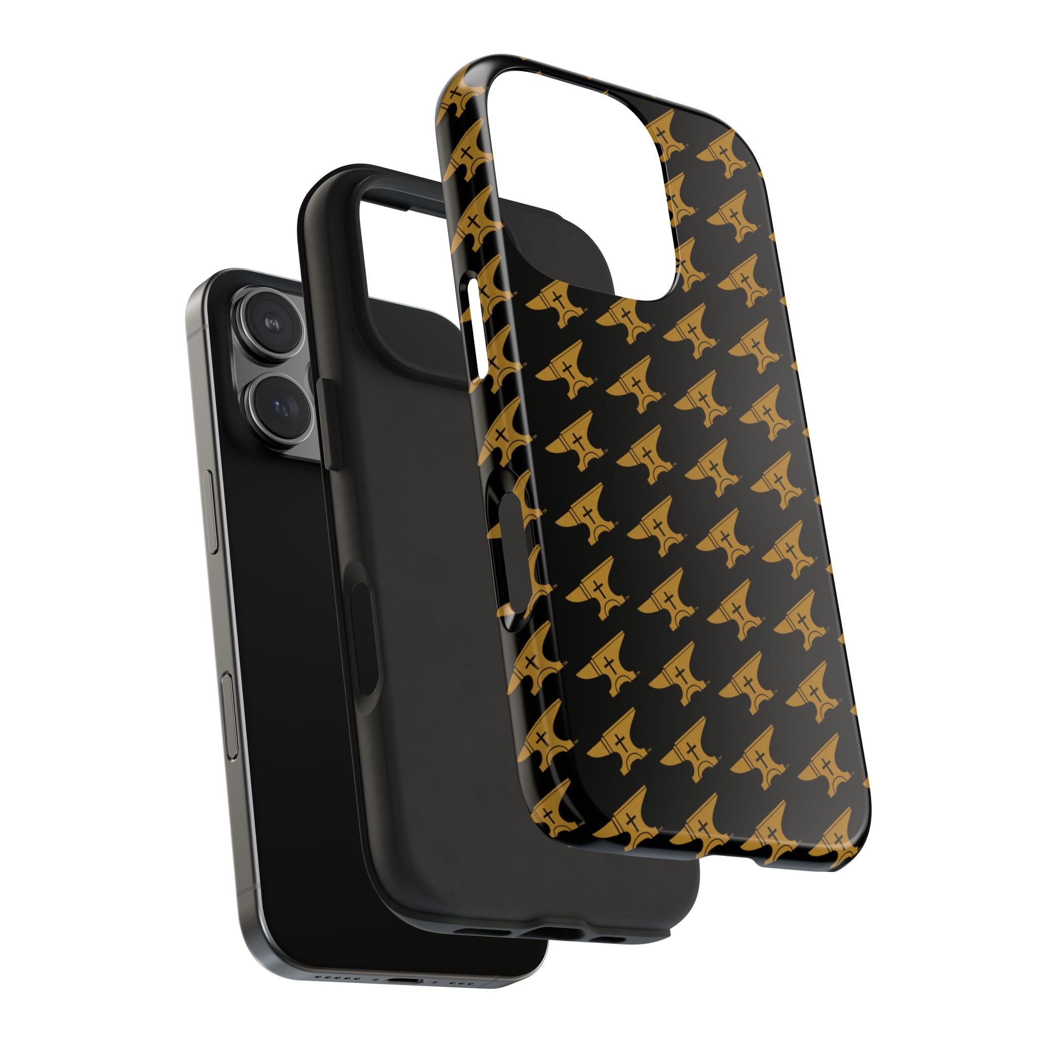 Gold Anvil Pattern Tough Phone Case — Durable Black & Metallic Repeat Design