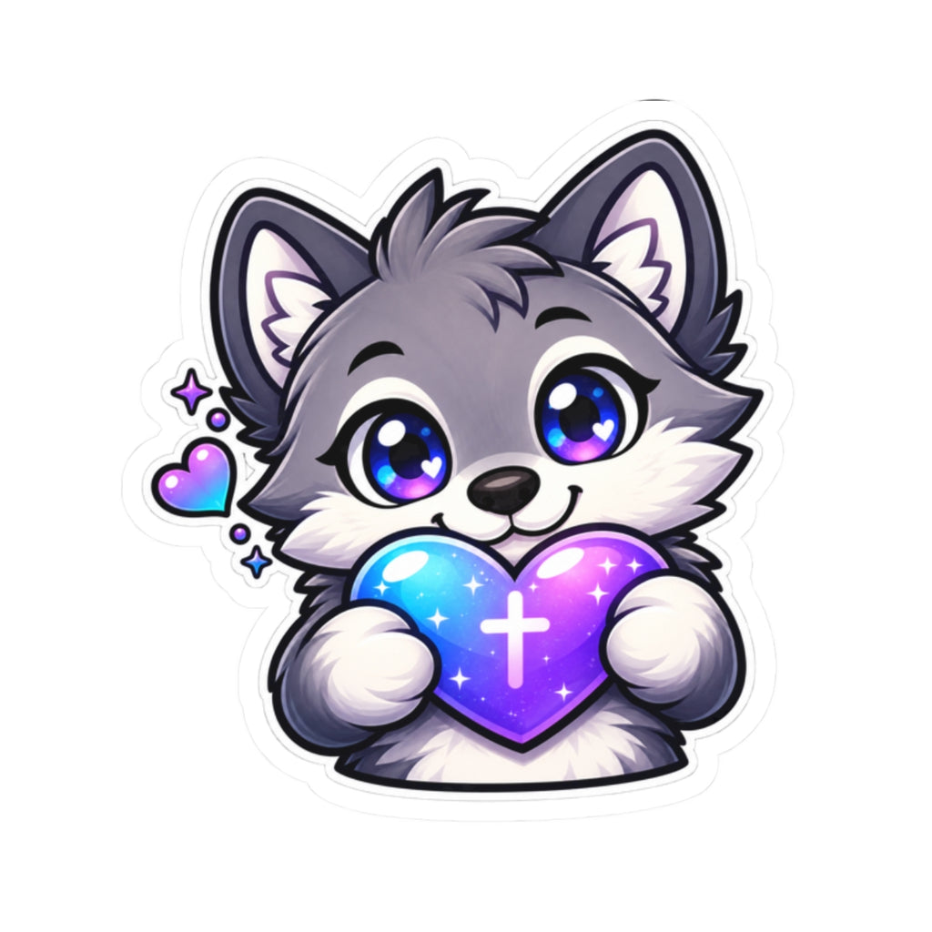 Cute Wolf Holding Heart Sticker — Seawolf Christian Wolf Vinyl Sticker
