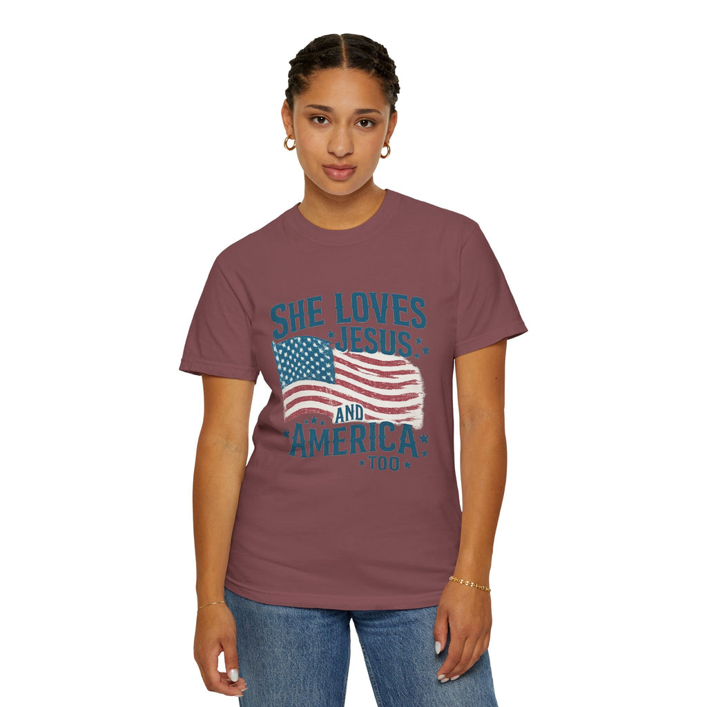 She Loves Jesus and America T-Shirt — Patriotic Christian Flag Tee