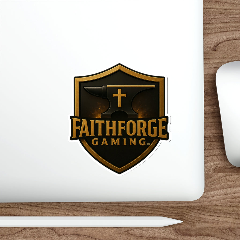 Indoor Faithforge Gaming Shield Die-Cut Sticker — Anvil & Cross Shield Logo