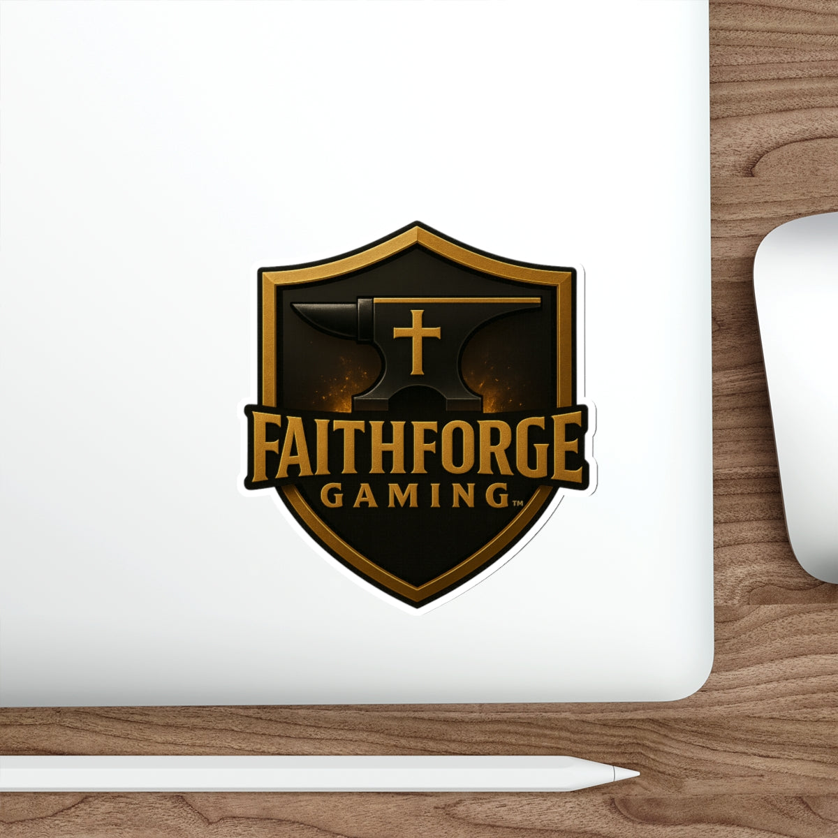 Indoor Faithforge Gaming Shield Die-Cut Sticker — Anvil & Cross Shield Logo