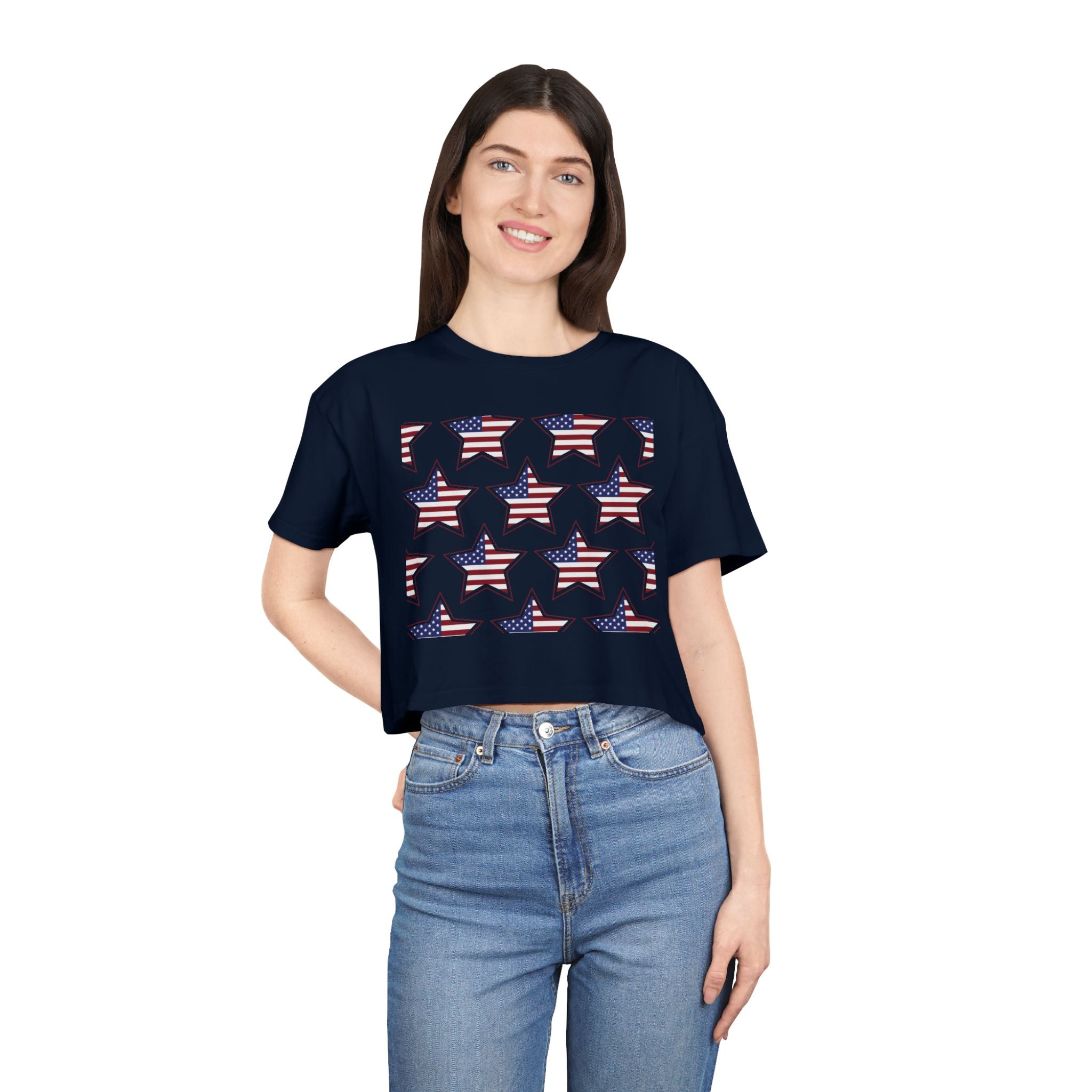 Women's Crop Tee — 'God Bless America' Patriotic Flag Print