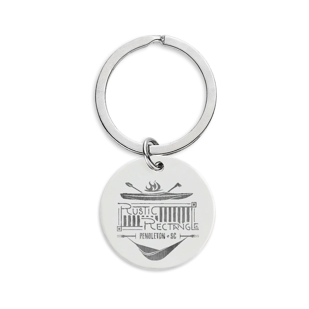 Engraved Stainless Steel Round Keychain – Rustic Rectangle & QR Code