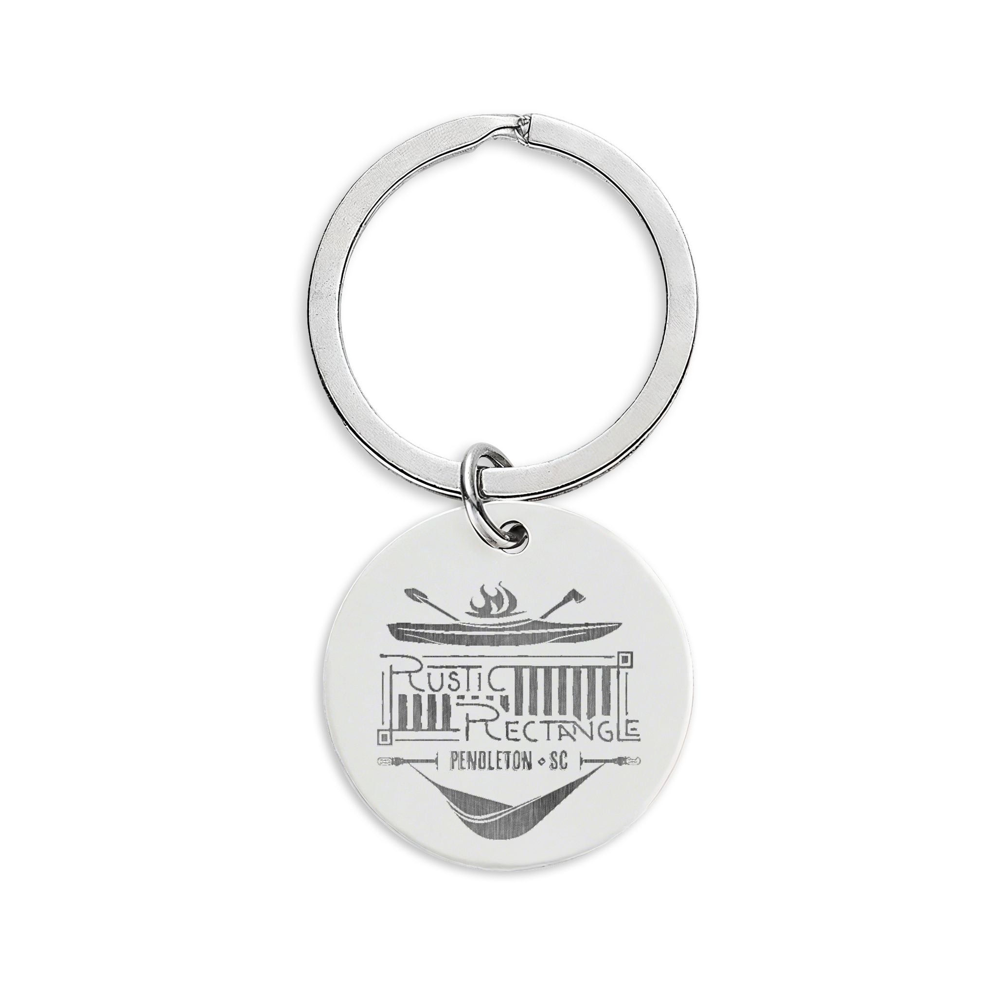 Engraved Stainless Steel Round Keychain – Rustic Rectangle & QR Code